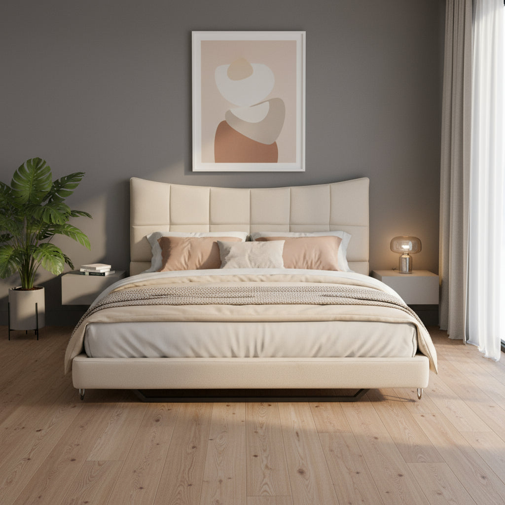 Beige Tufted Upholstered Full Bed Frame With LED Lighting And USB-0