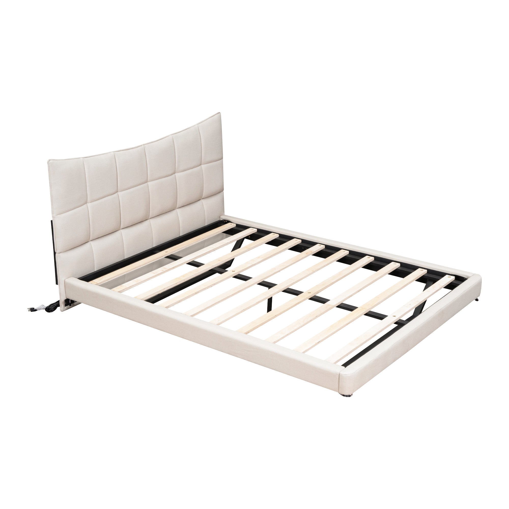 Beige Tufted Upholstered Full Bed Frame With LED Lighting And USB-1