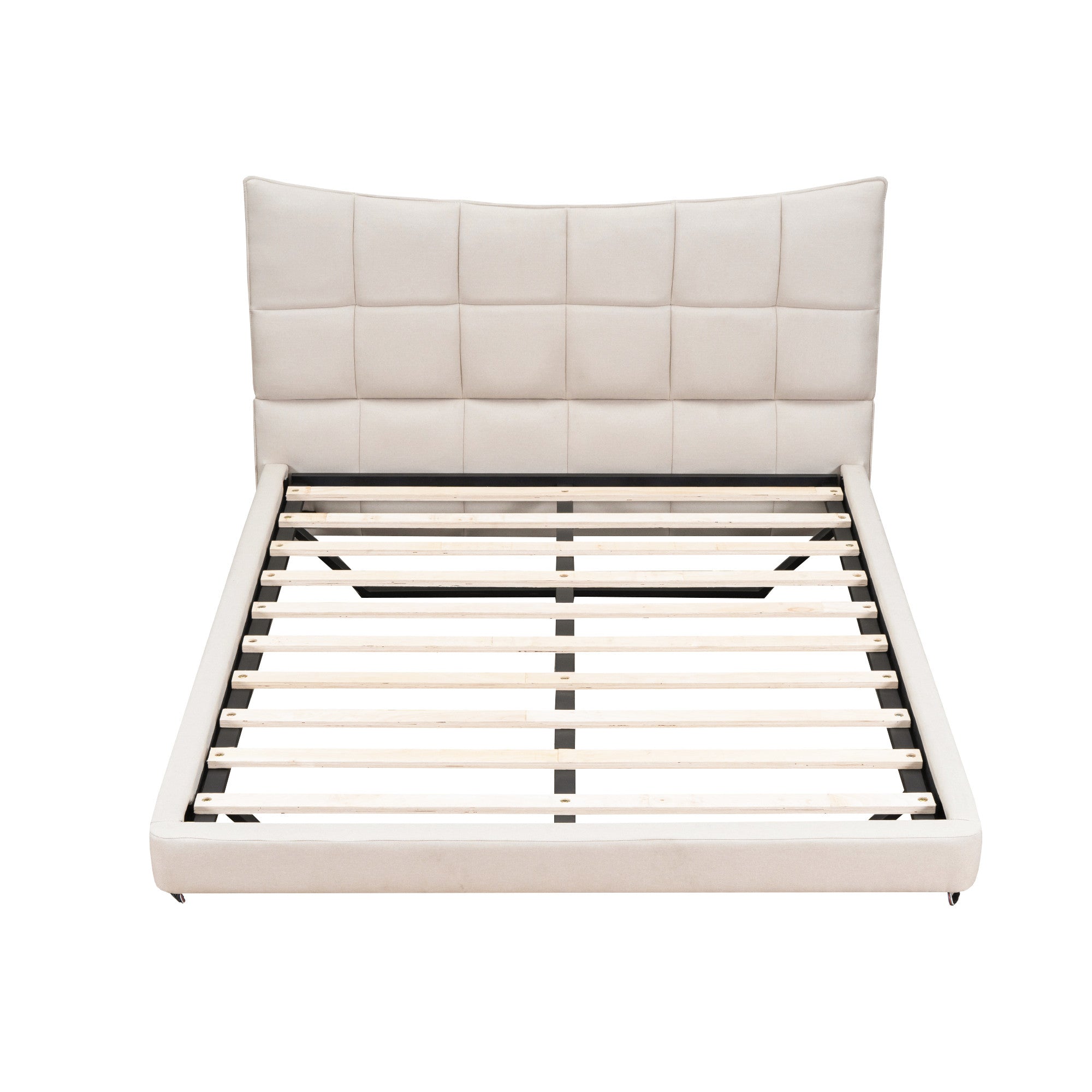 Beige Tufted Upholstered Full Bed Frame With LED Lighting And USB-2