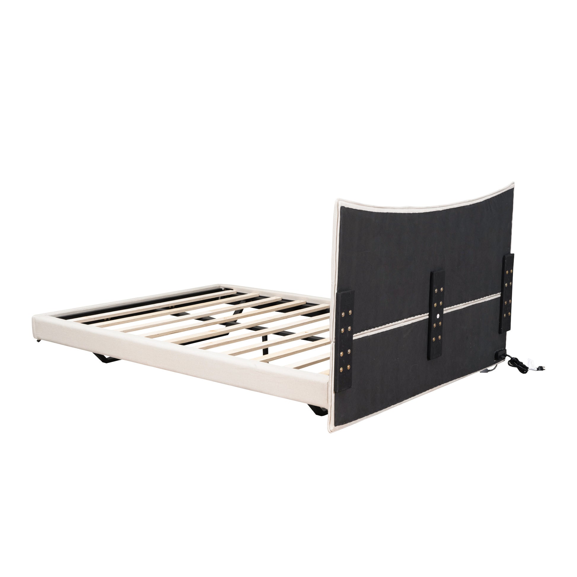 Beige Tufted Upholstered Full Bed Frame With LED Lighting And USB-3