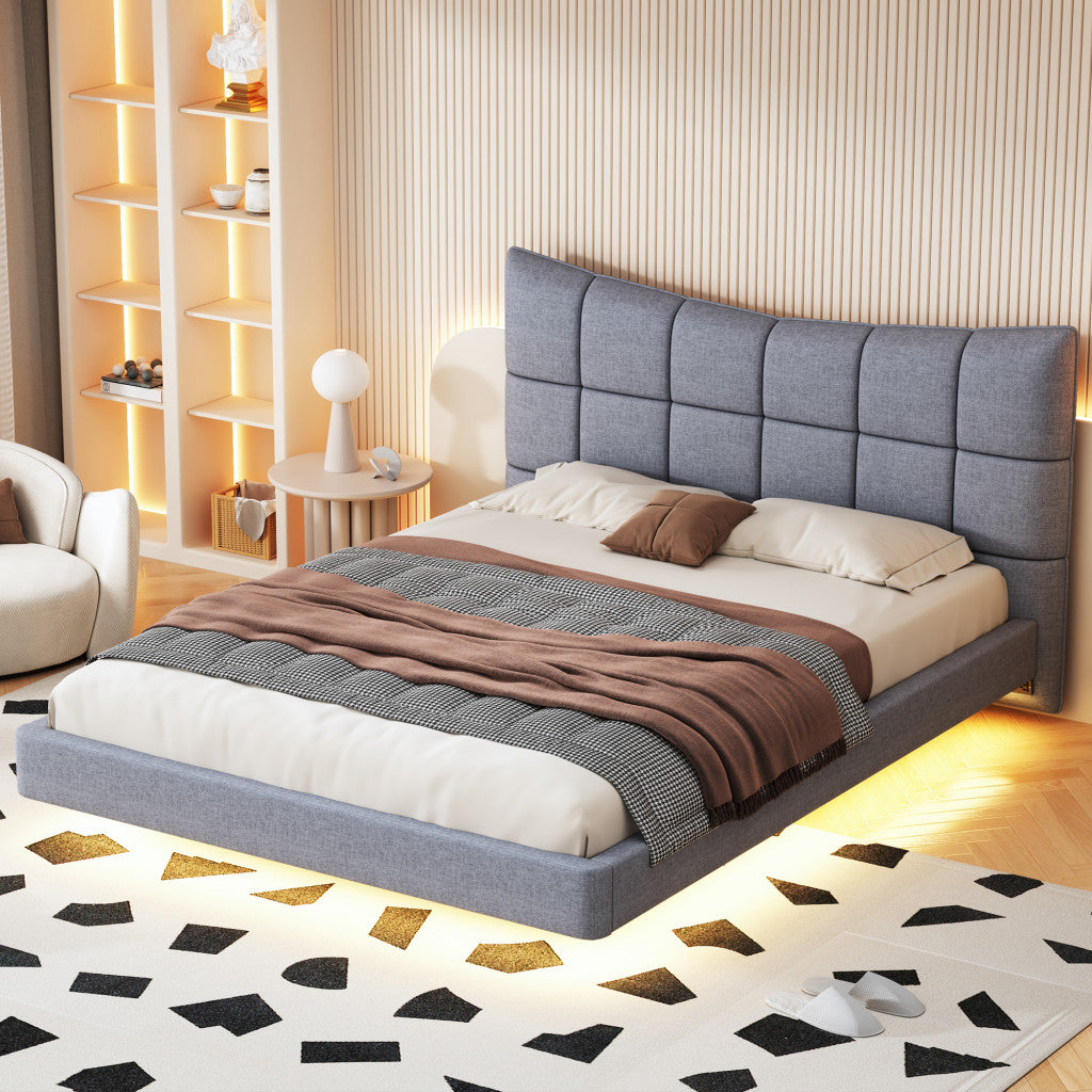 Gray Tufted Upholstered Full Bed Frame With LED Lighting And USB-8