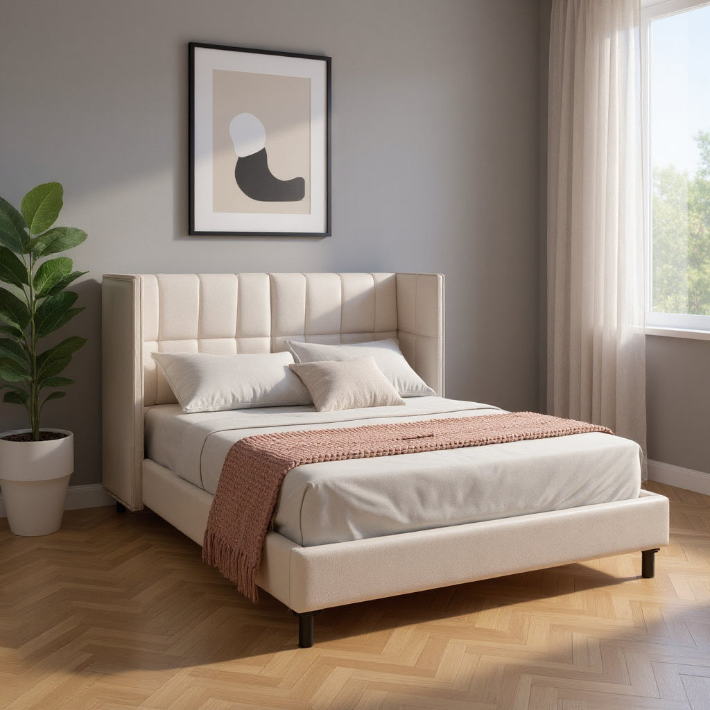 Beige Tufted Upholstered Queen Bed Frame With LED Lighting And USB-0