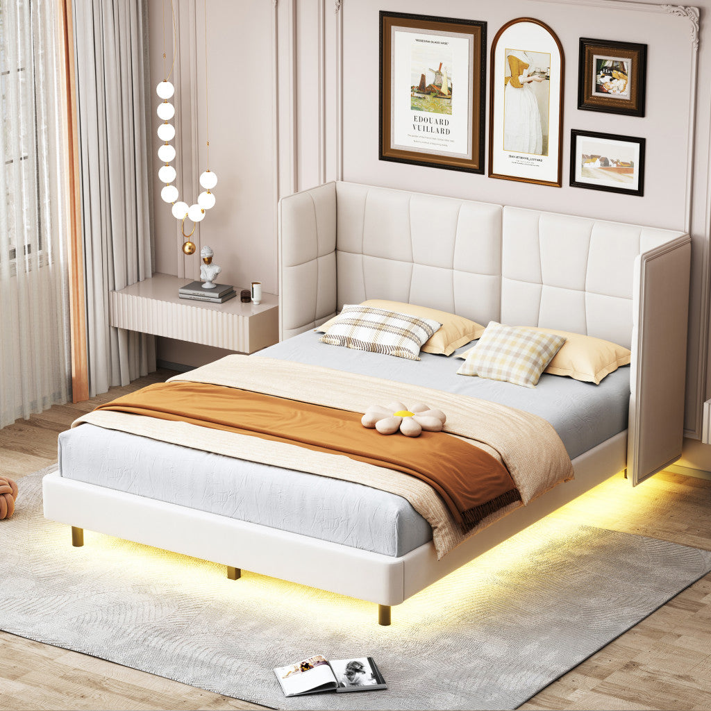 Beige Tufted Upholstered Queen Bed Frame With LED Lighting And USB-8