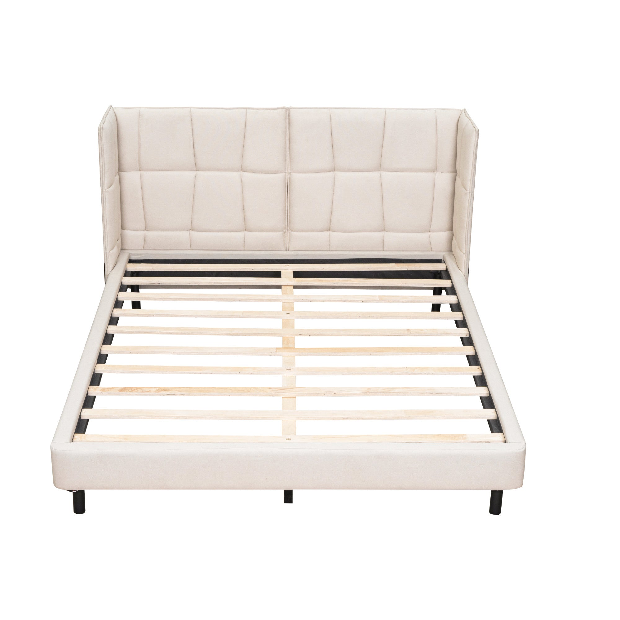 Beige Tufted Upholstered Queen Bed Frame With LED Lighting And USB-1