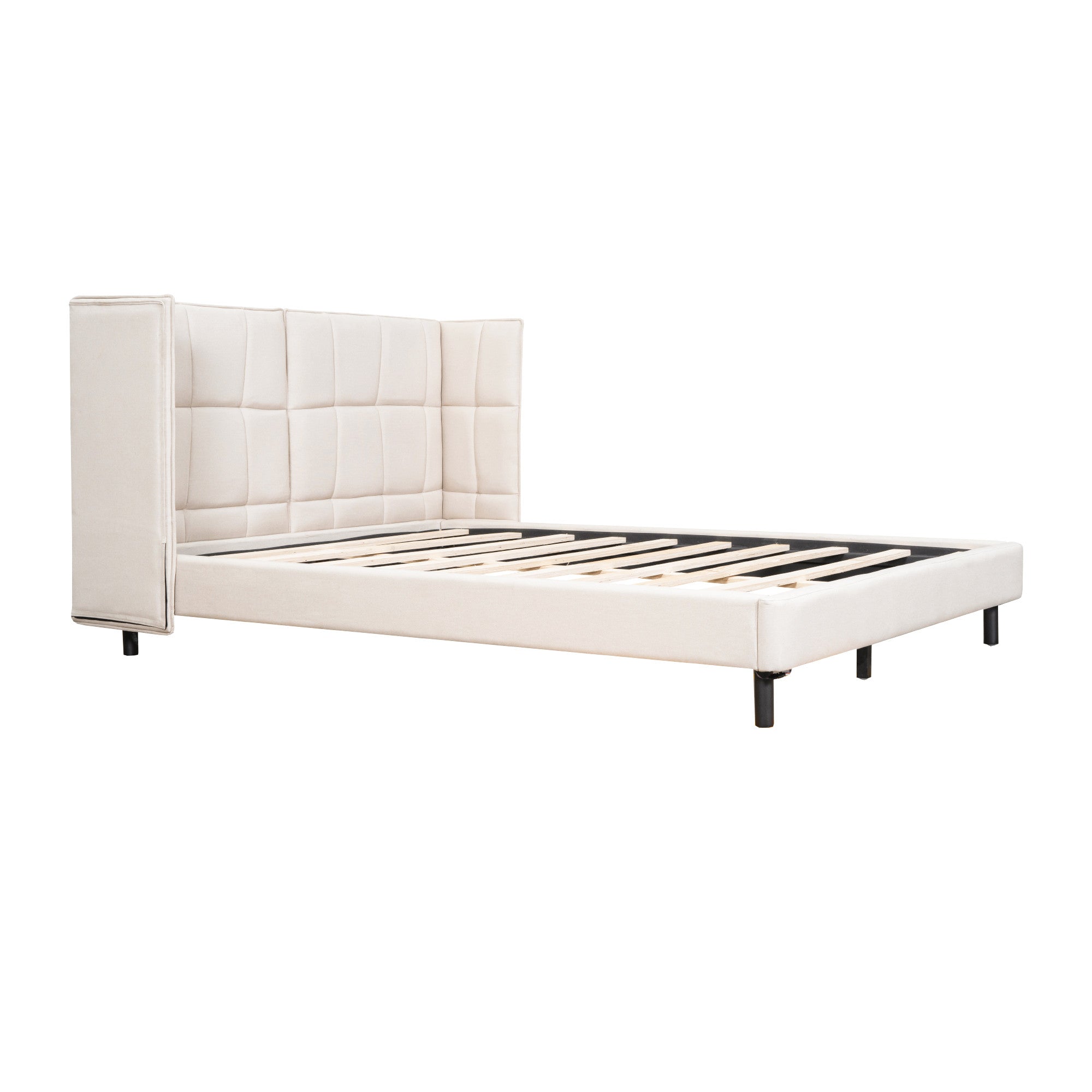 Beige Tufted Upholstered Queen Bed Frame With LED Lighting And USB-2