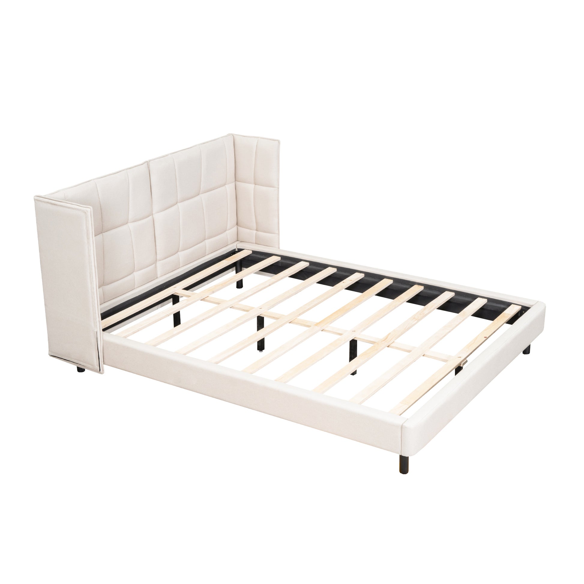 Beige Tufted Upholstered Queen Bed Frame With LED Lighting And USB-3