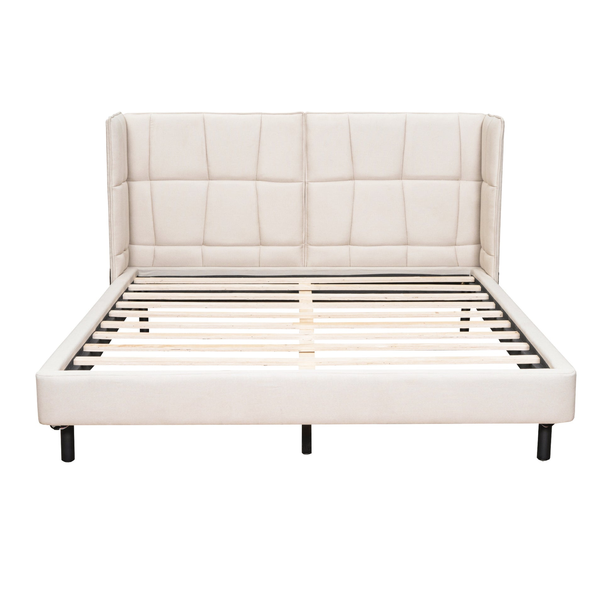 Beige Tufted Upholstered Queen Bed Frame With LED Lighting And USB-5