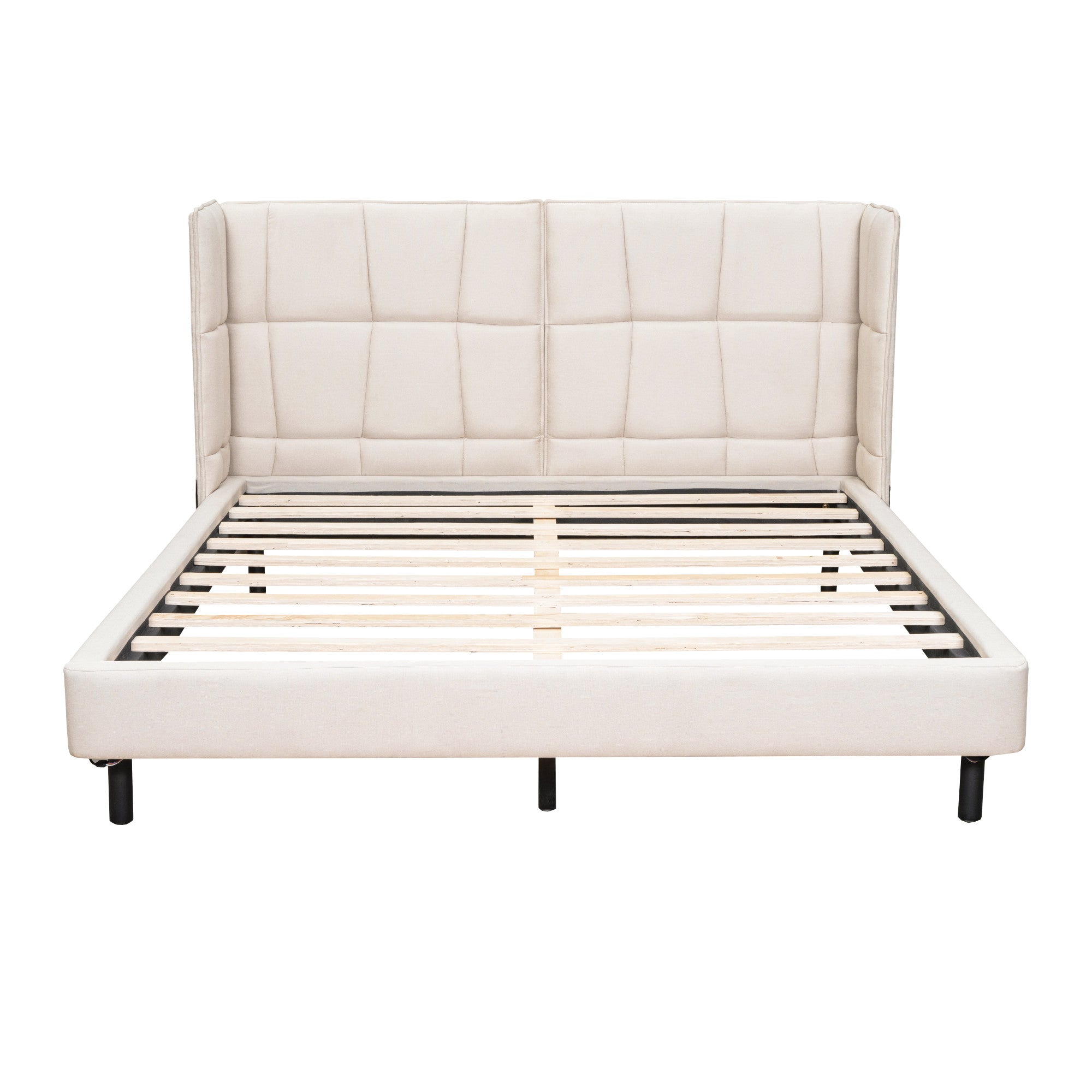 Beige Tufted Upholstered Queen Bed Frame With LED Lighting And USB-5