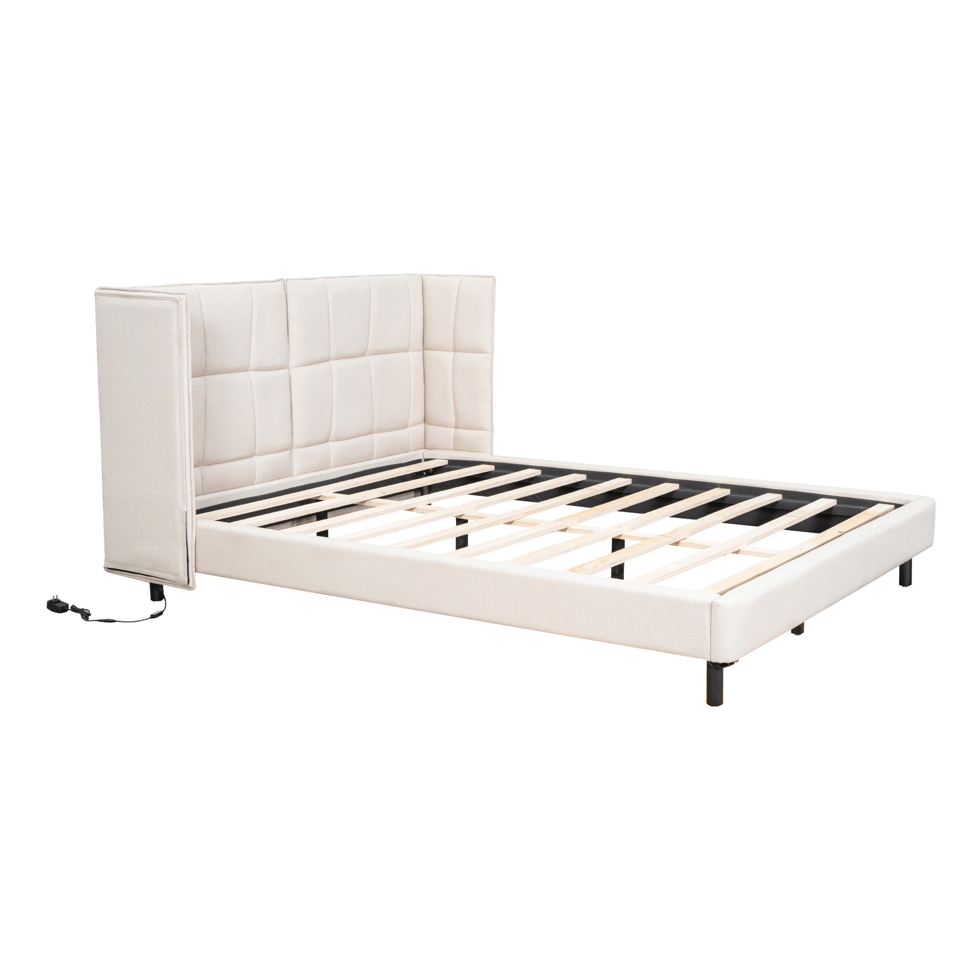 Beige Tufted Upholstered Queen Bed Frame With LED Lighting And USB-6