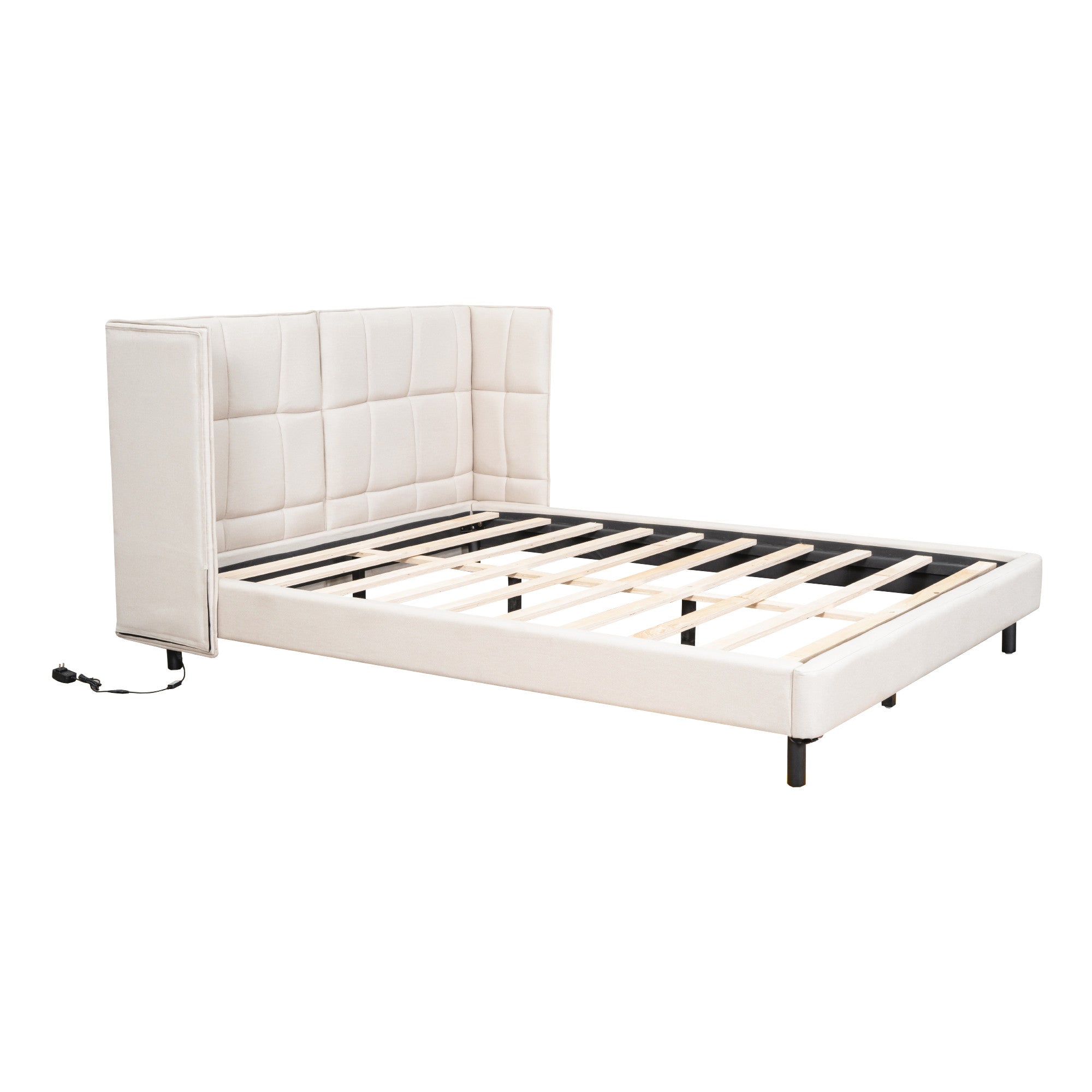 Beige Tufted Upholstered Queen Bed Frame With LED Lighting And USB-6