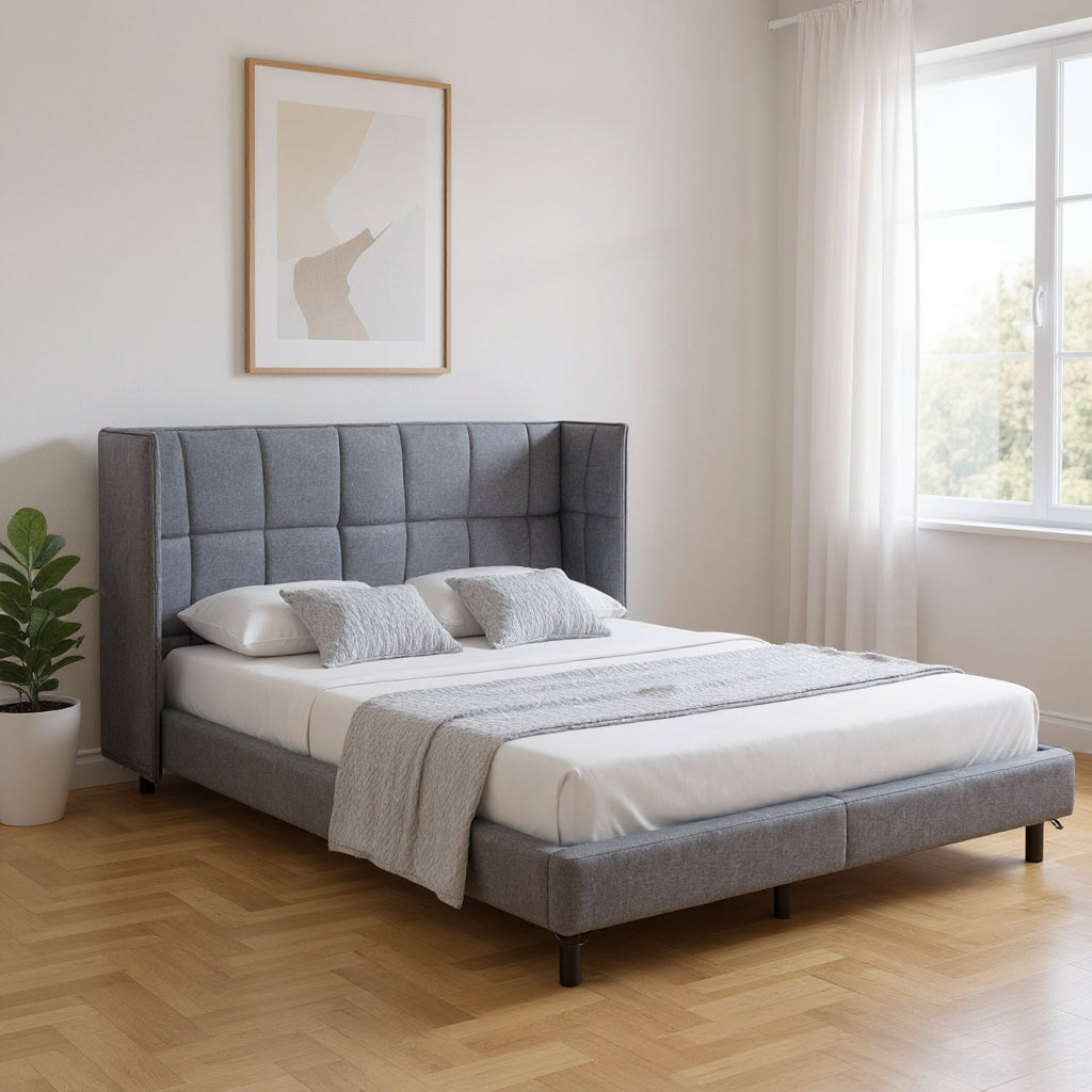 Gray Tufted Upholstered Queen Bed Frame With LED Lighting And USB-0