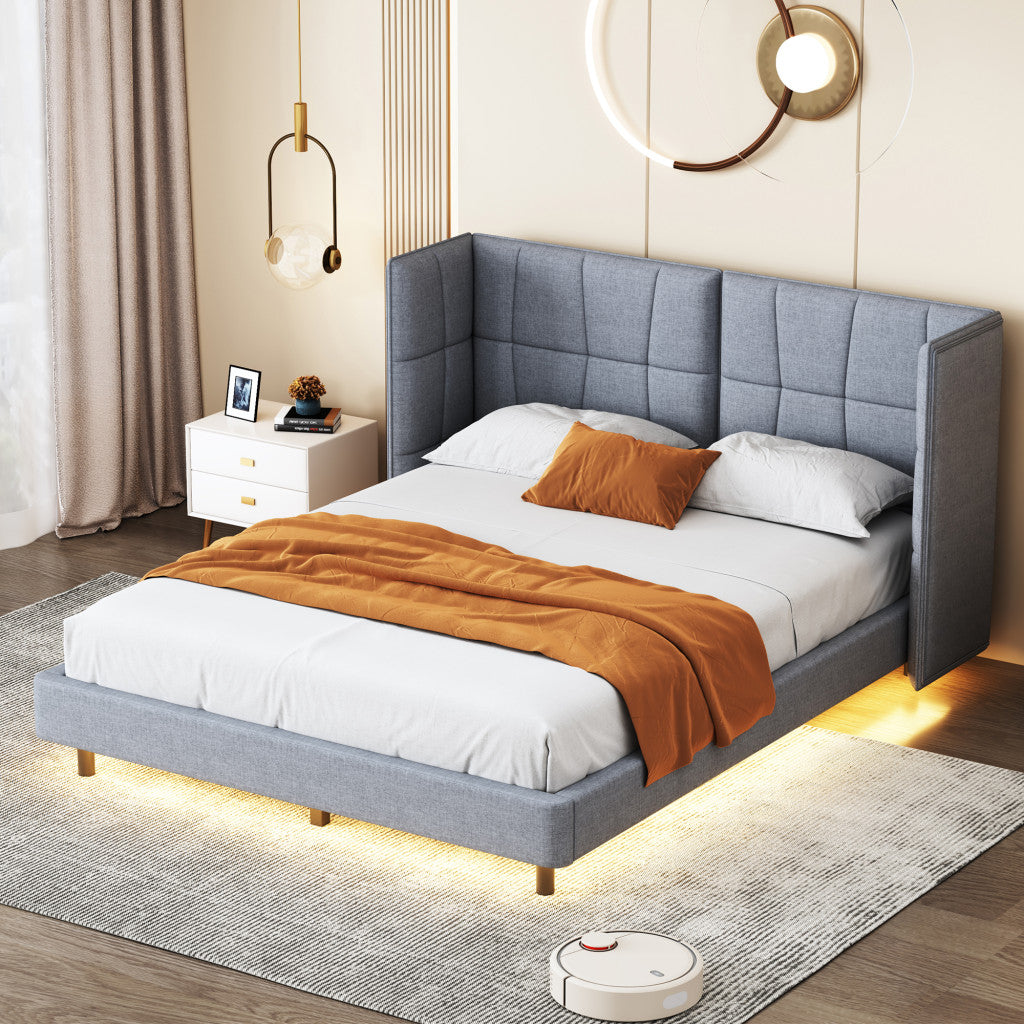 Gray Tufted Upholstered Queen Bed Frame With LED Lighting And USB-8