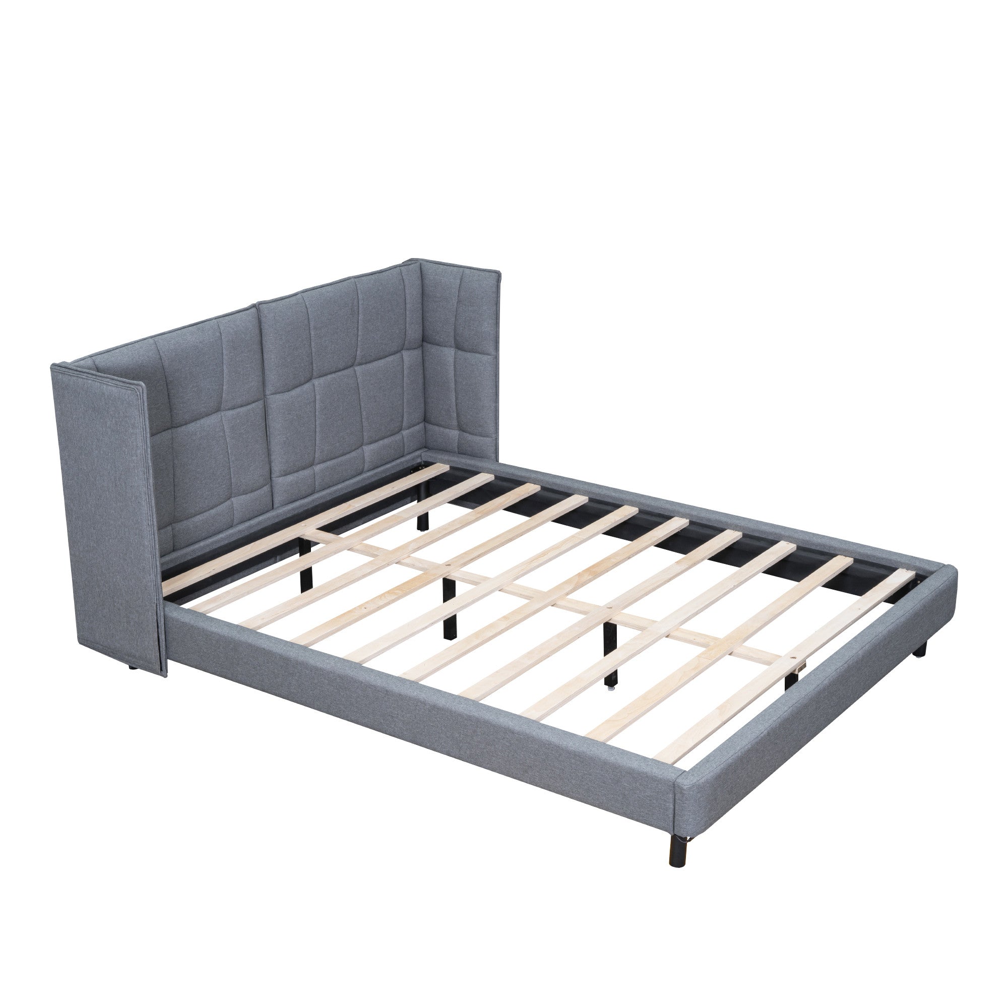 Gray Tufted Upholstered Queen Bed Frame With LED Lighting And USB-2