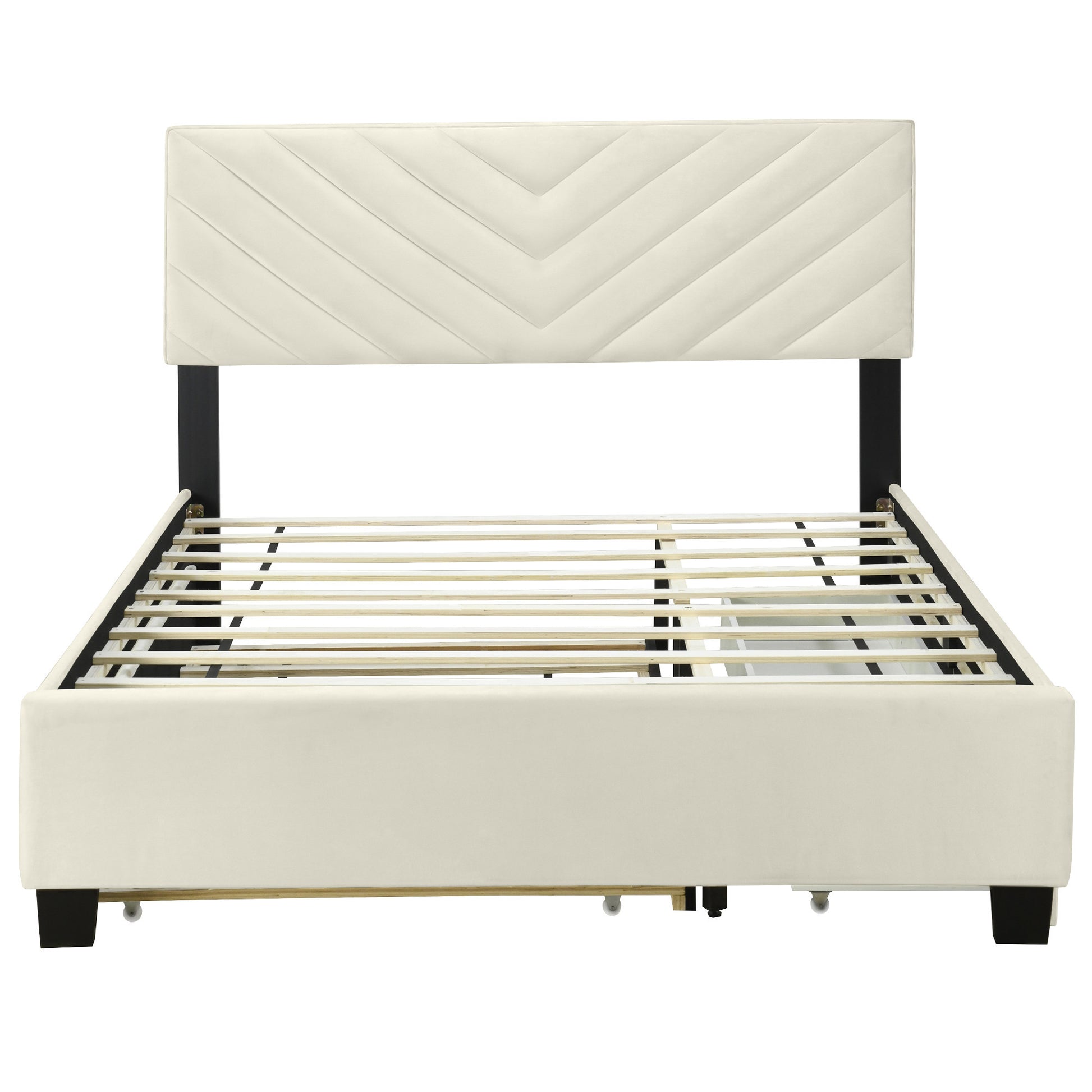 Beige Tufted Upholstered Queen Bed Frame With Trundle And Drawers-8