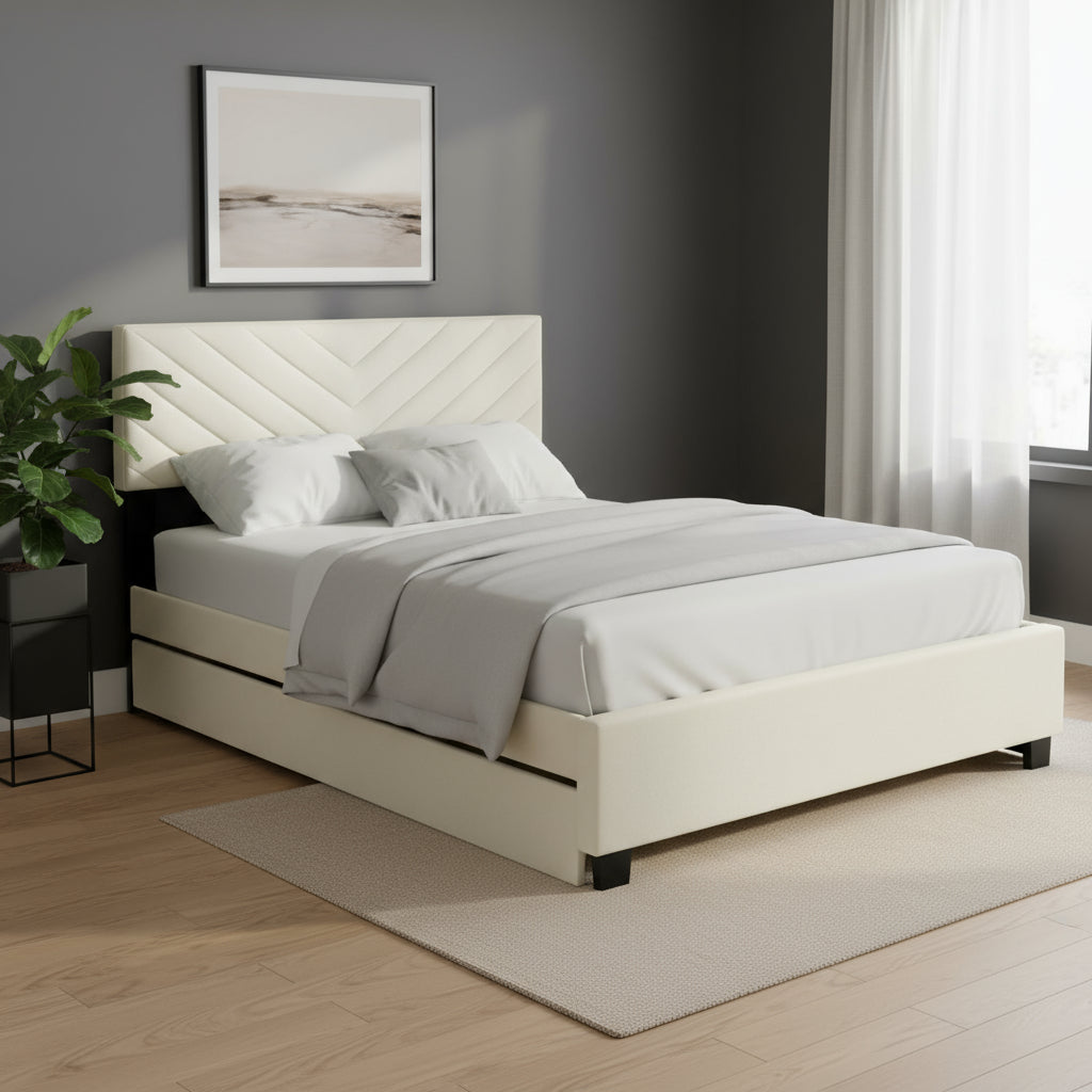 Beige Tufted Upholstered Queen Bed Frame With Trundle And Drawers-0