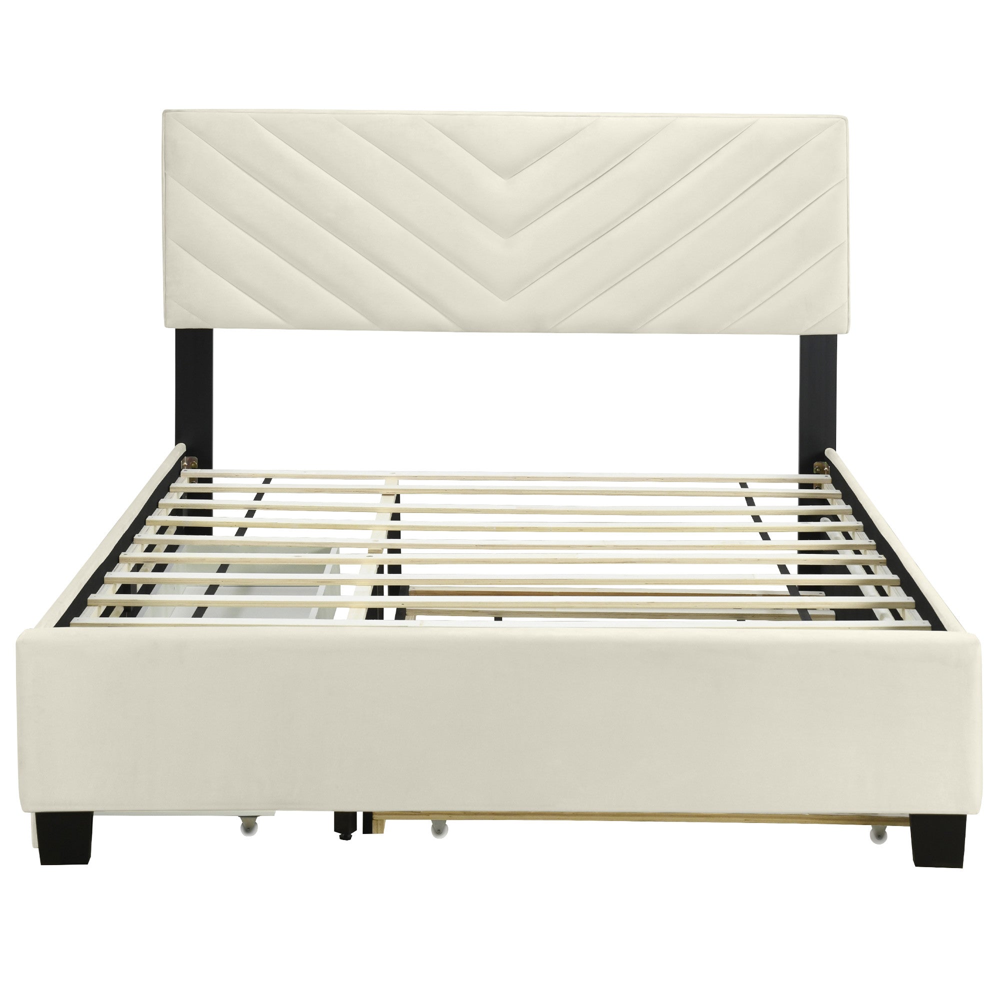 Beige Tufted Upholstered Queen Bed Frame With Trundle And Drawers-1