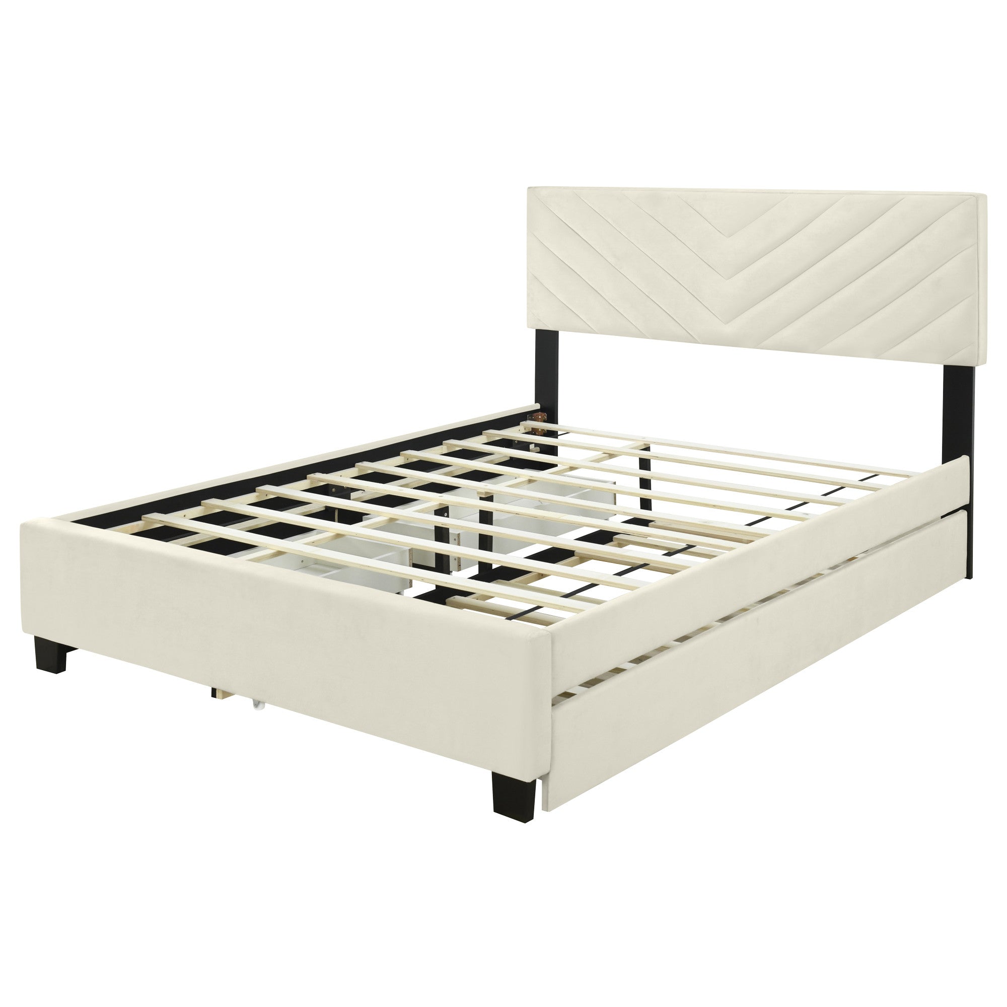 Beige Tufted Upholstered Queen Bed Frame With Trundle And Drawers-2