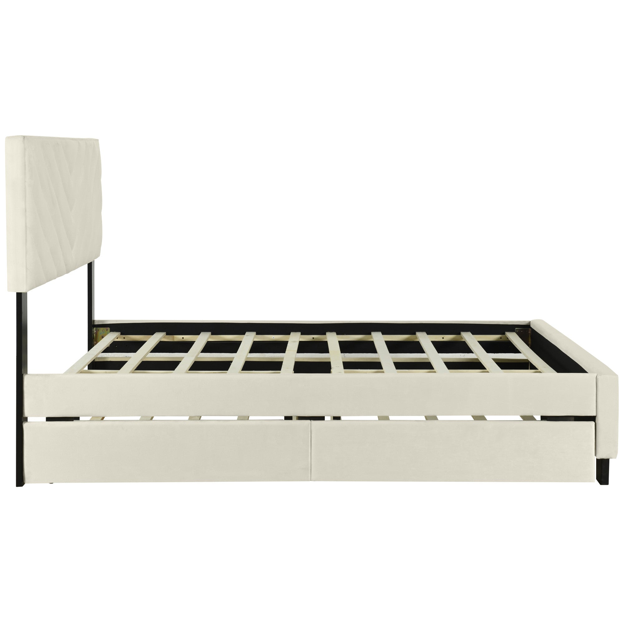 Beige Tufted Upholstered Queen Bed Frame With Trundle And Drawers-4