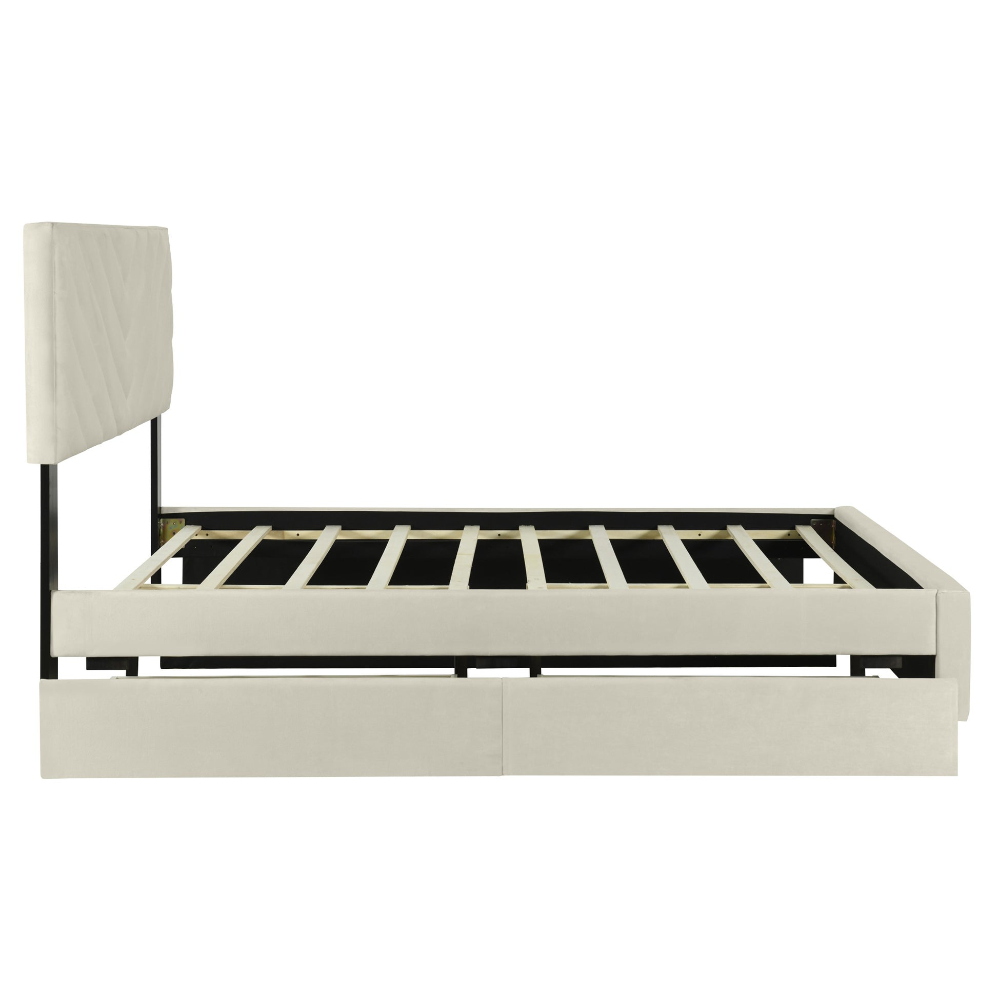 Beige Tufted Upholstered Queen Bed Frame With Trundle And Drawers-5