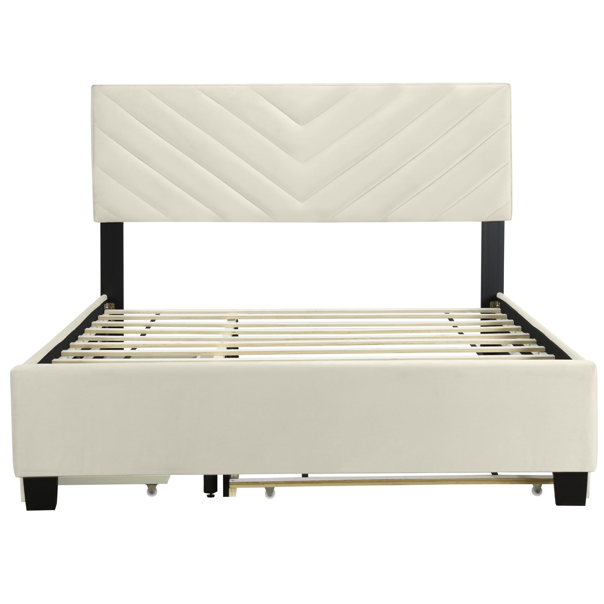 Beige Tufted Upholstered Queen Bed Frame With Trundle And Drawers-6