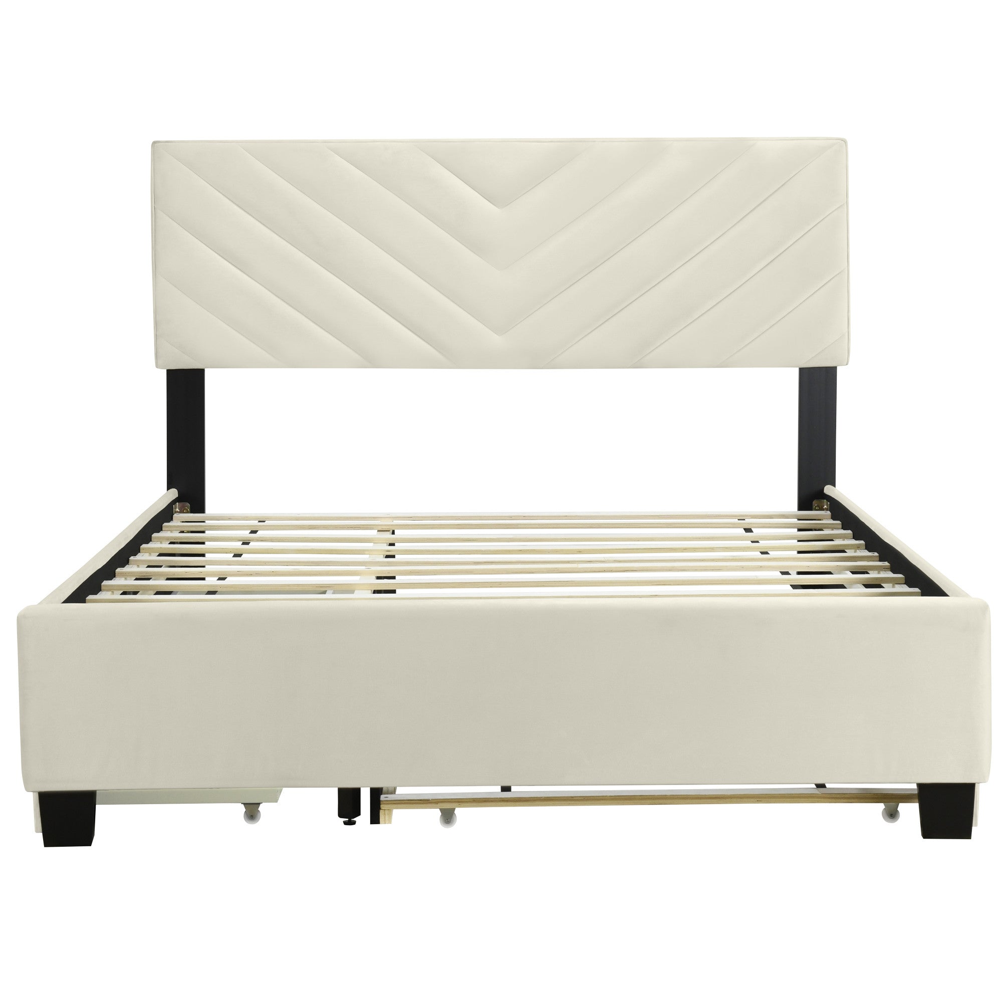 Beige Tufted Upholstered Queen Bed Frame With Trundle And Drawers-6