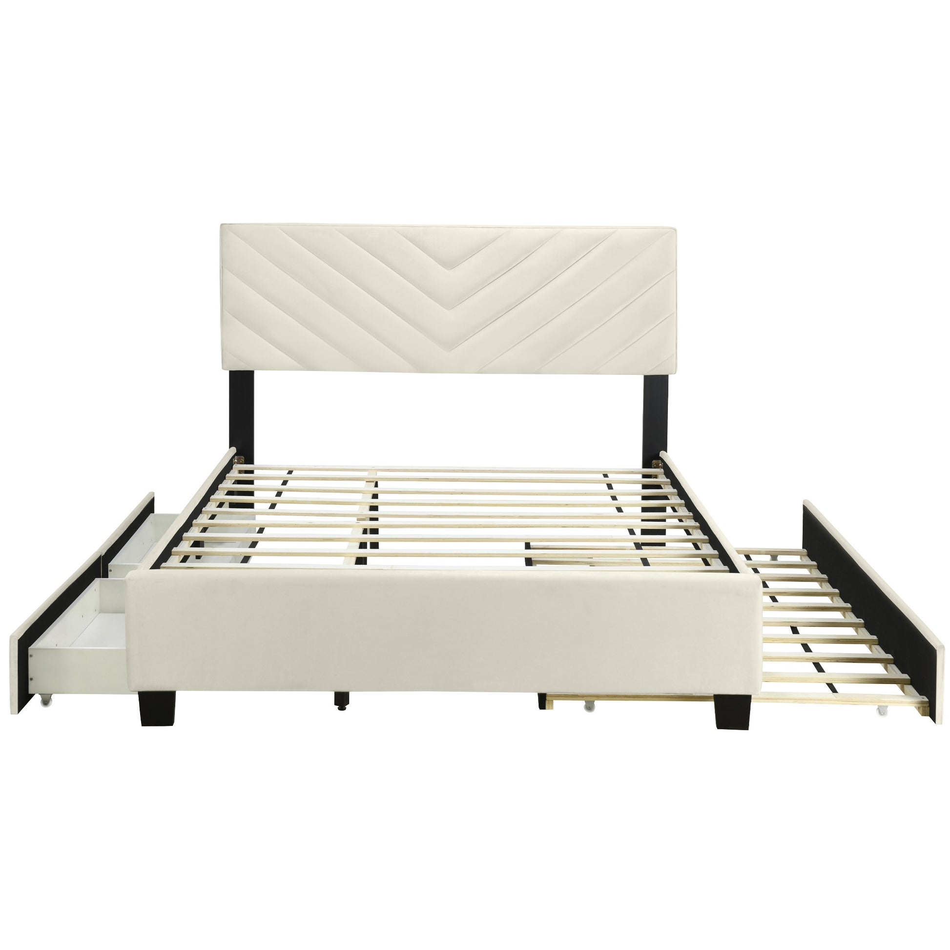 Beige Tufted Upholstered Queen Bed Frame With Trundle And Drawers-7