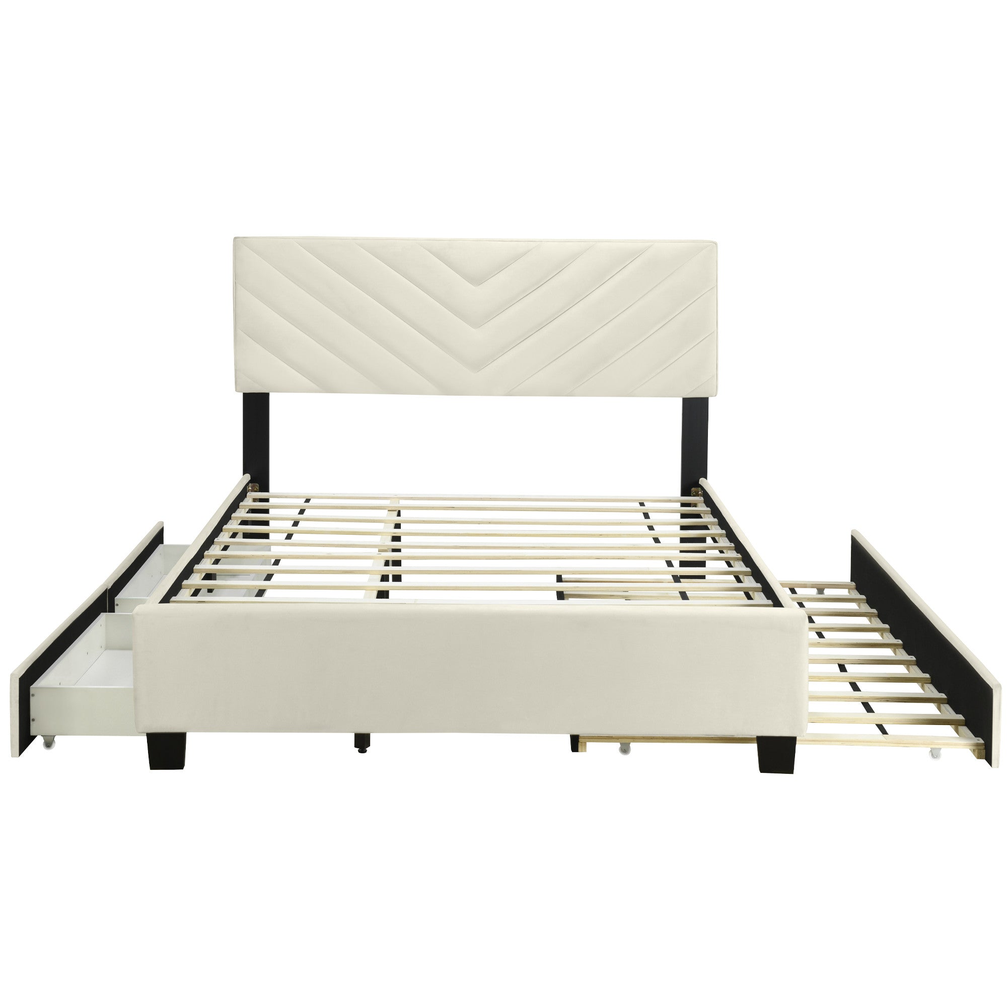 Beige Tufted Upholstered Queen Bed Frame With Trundle And Drawers-7