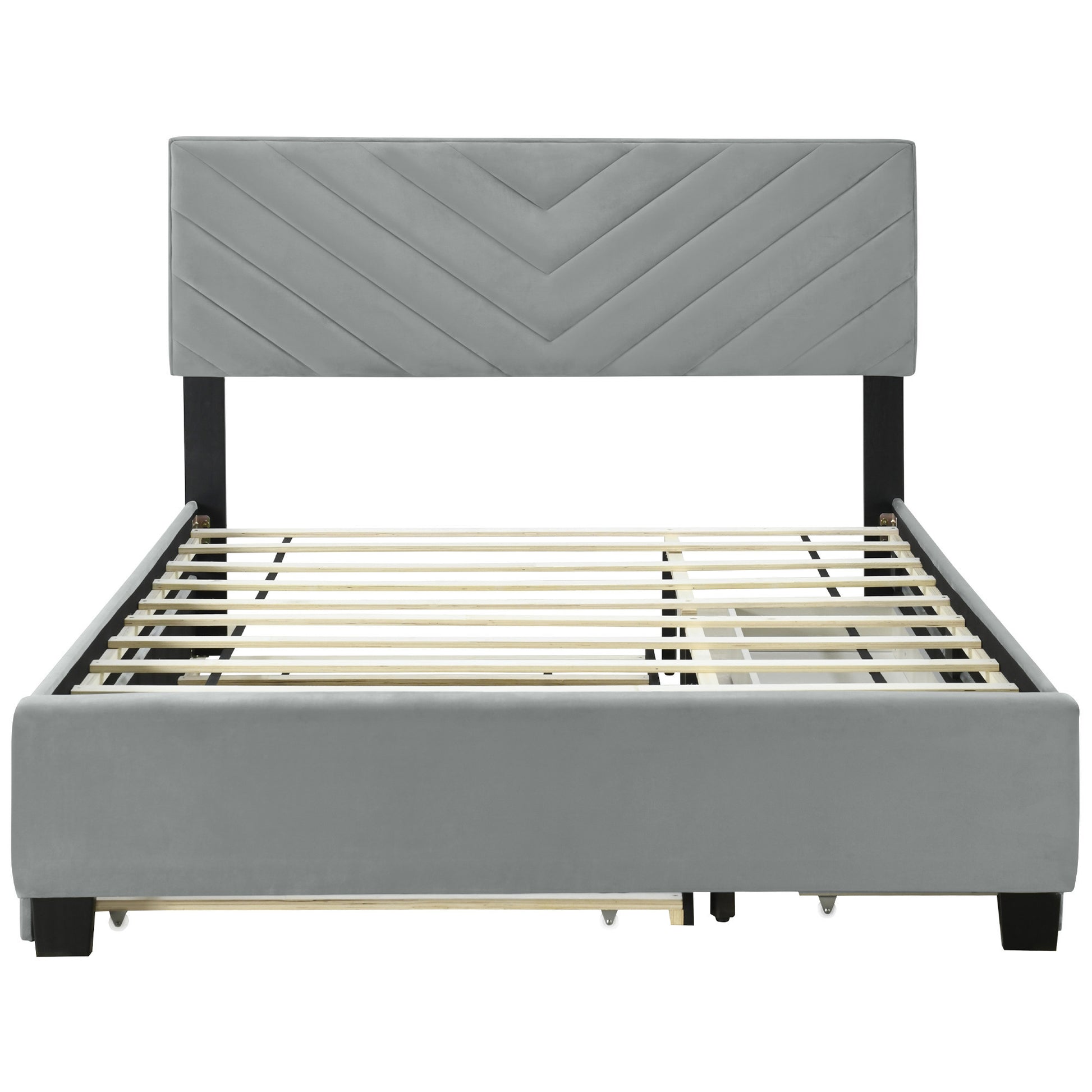 Gray Tufted Upholstered Queen Bed Frame With Trundle And Drawers-8