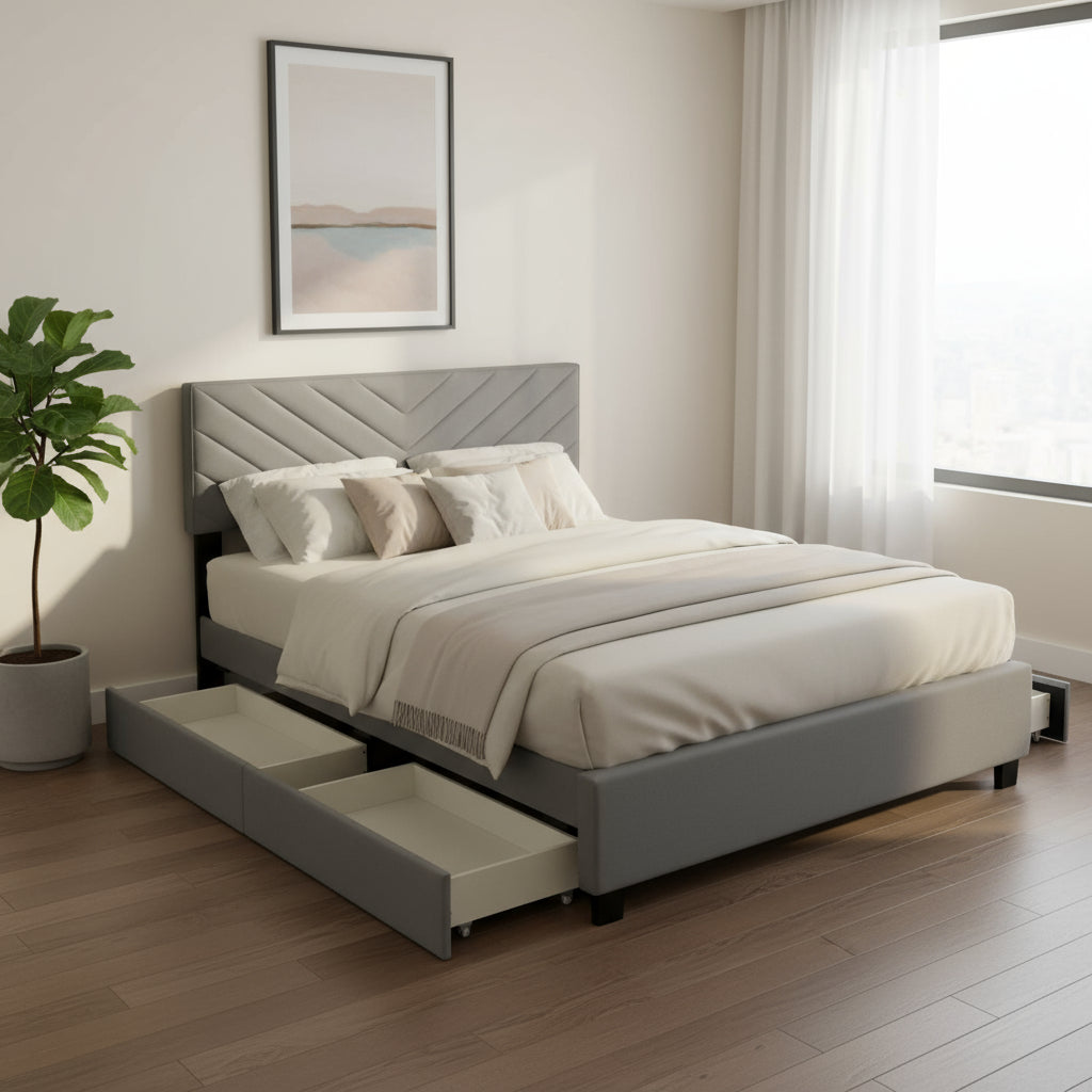 Gray Tufted Upholstered Queen Bed Frame With Trundle And Drawers-0