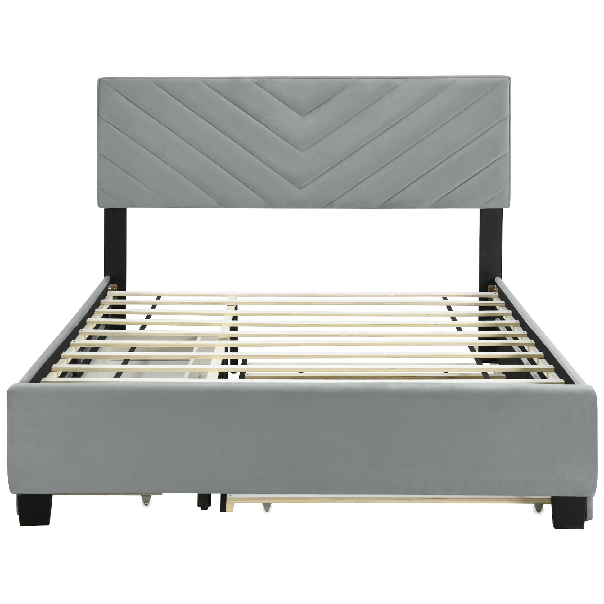 Gray Tufted Upholstered Queen Bed Frame With Trundle And Drawers-1