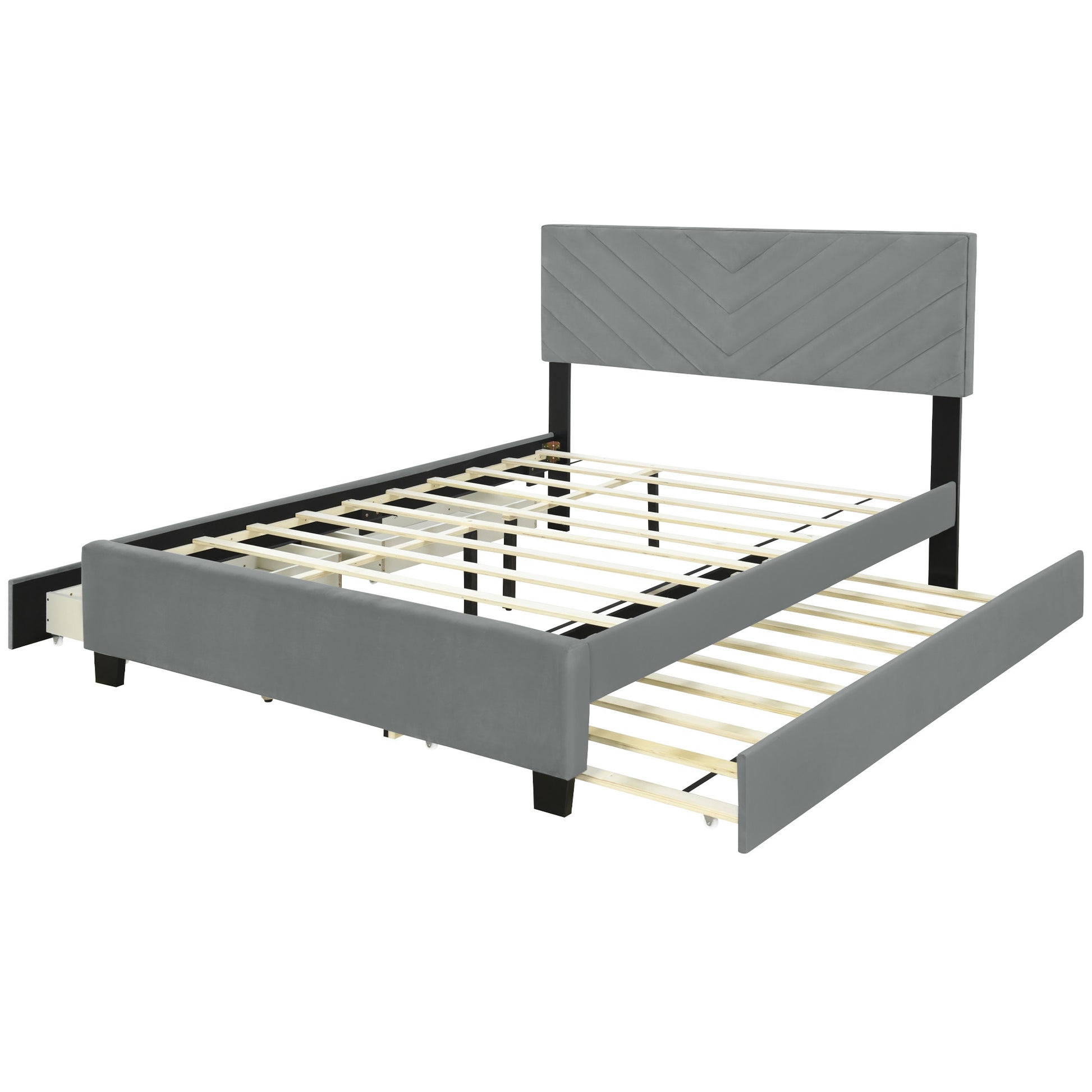 Gray Tufted Upholstered Queen Bed Frame With Trundle And Drawers-3