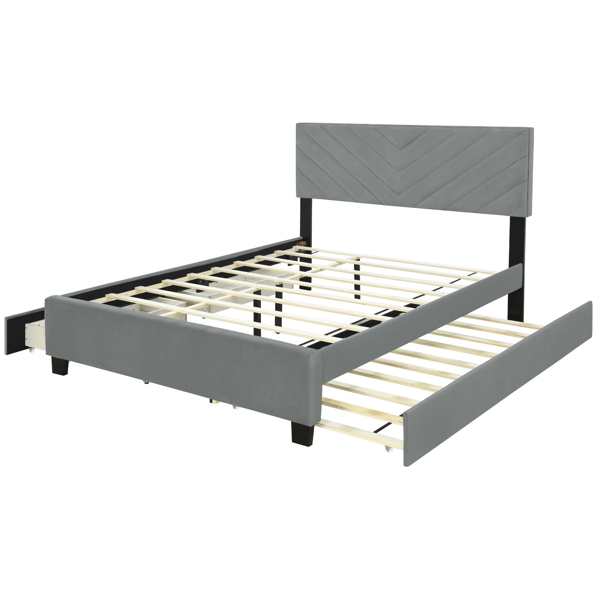 Gray Tufted Upholstered Queen Bed Frame With Trundle And Drawers-3