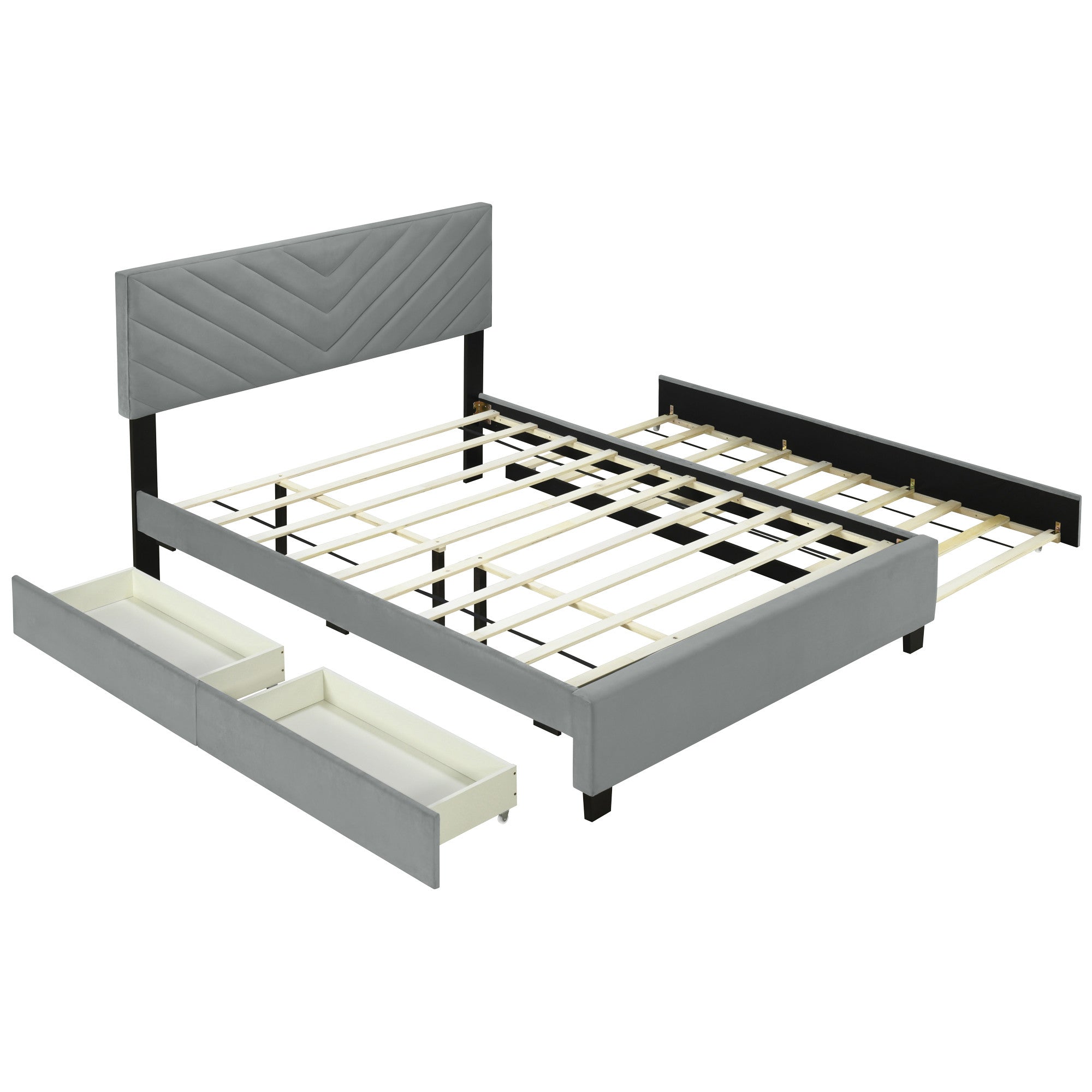Gray Tufted Upholstered Queen Bed Frame With Trundle And Drawers-4