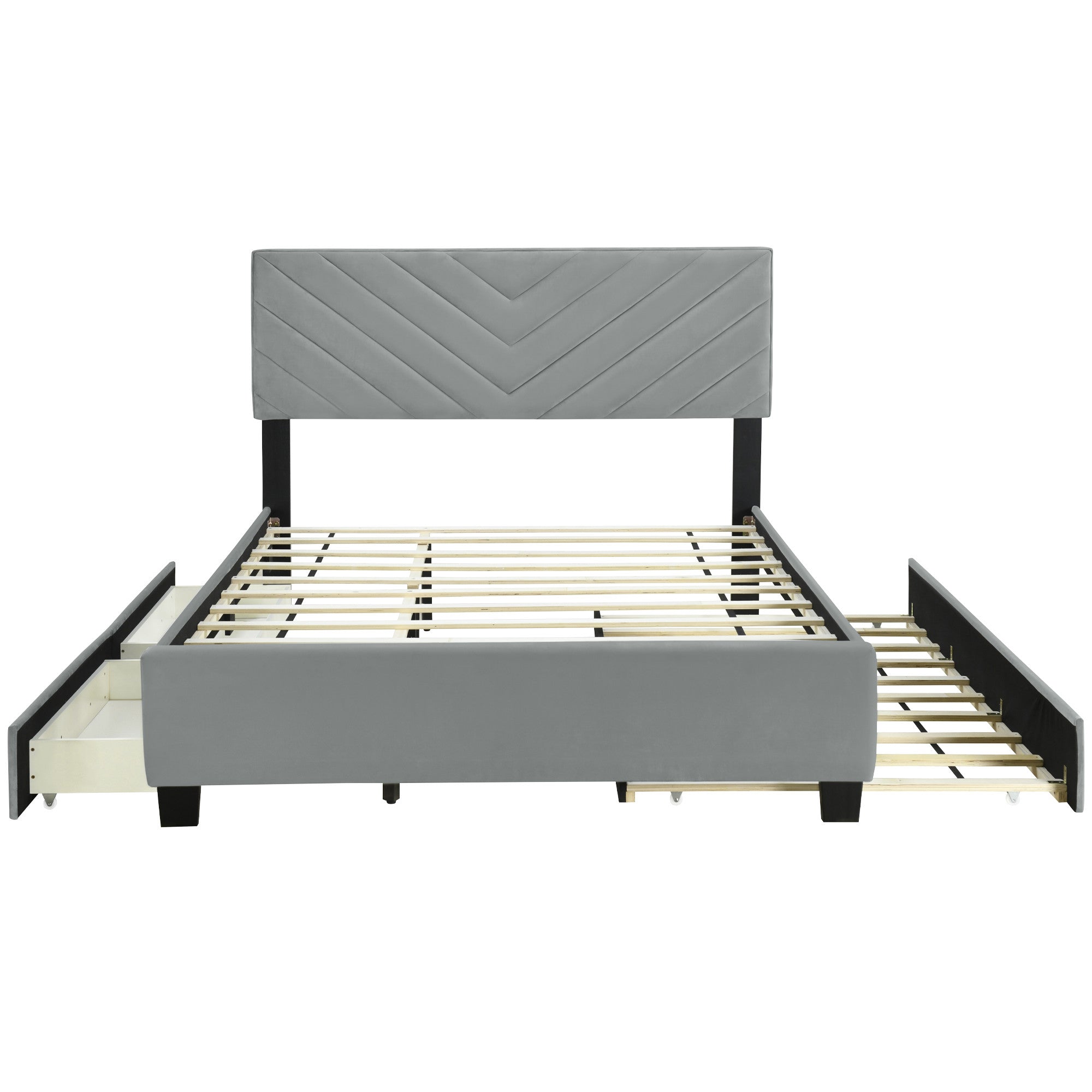 Gray Tufted Upholstered Queen Bed Frame With Trundle And Drawers-5