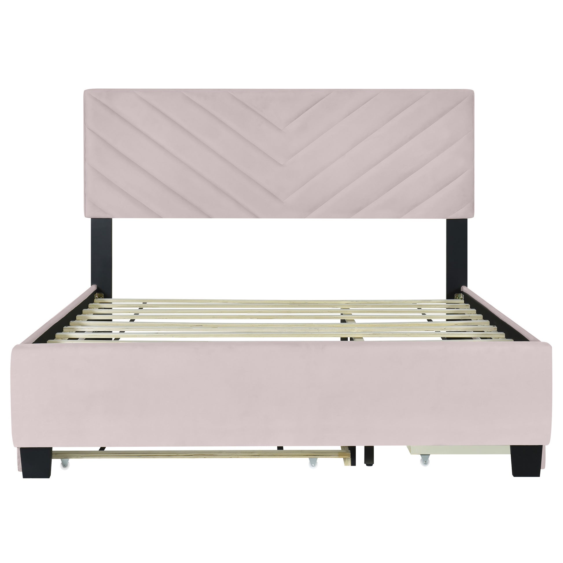 Pink Tufted Upholstered Twin Bed Frame With Trundle And Drawers-8