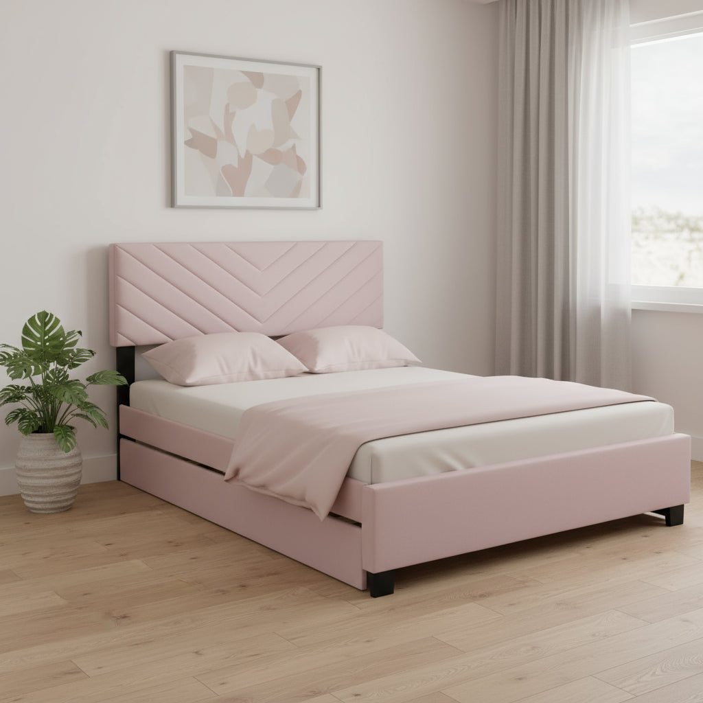Pink Tufted Upholstered Twin Bed Frame With Trundle And Drawers-0