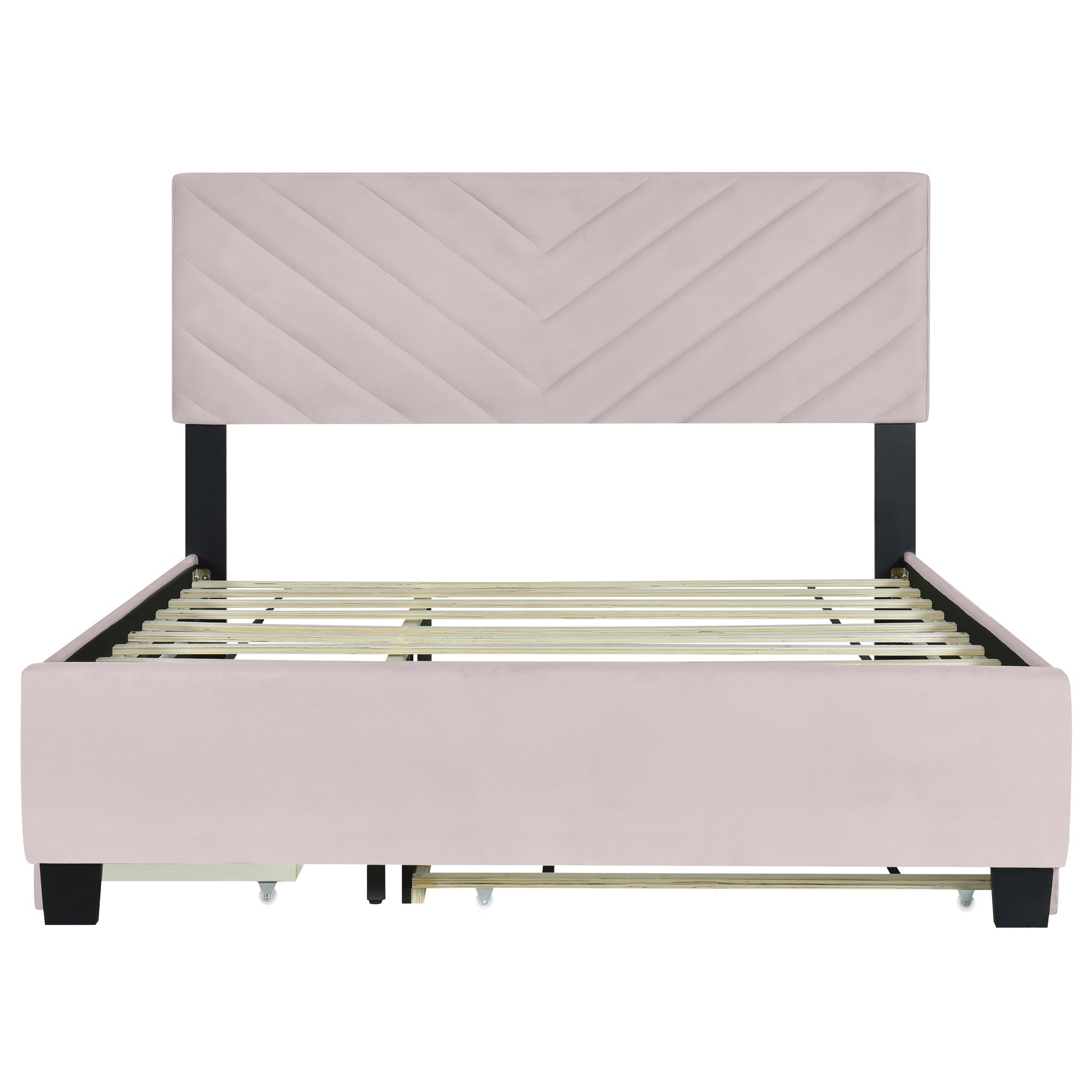 Pink Tufted Upholstered Twin Bed Frame With Trundle And Drawers-1
