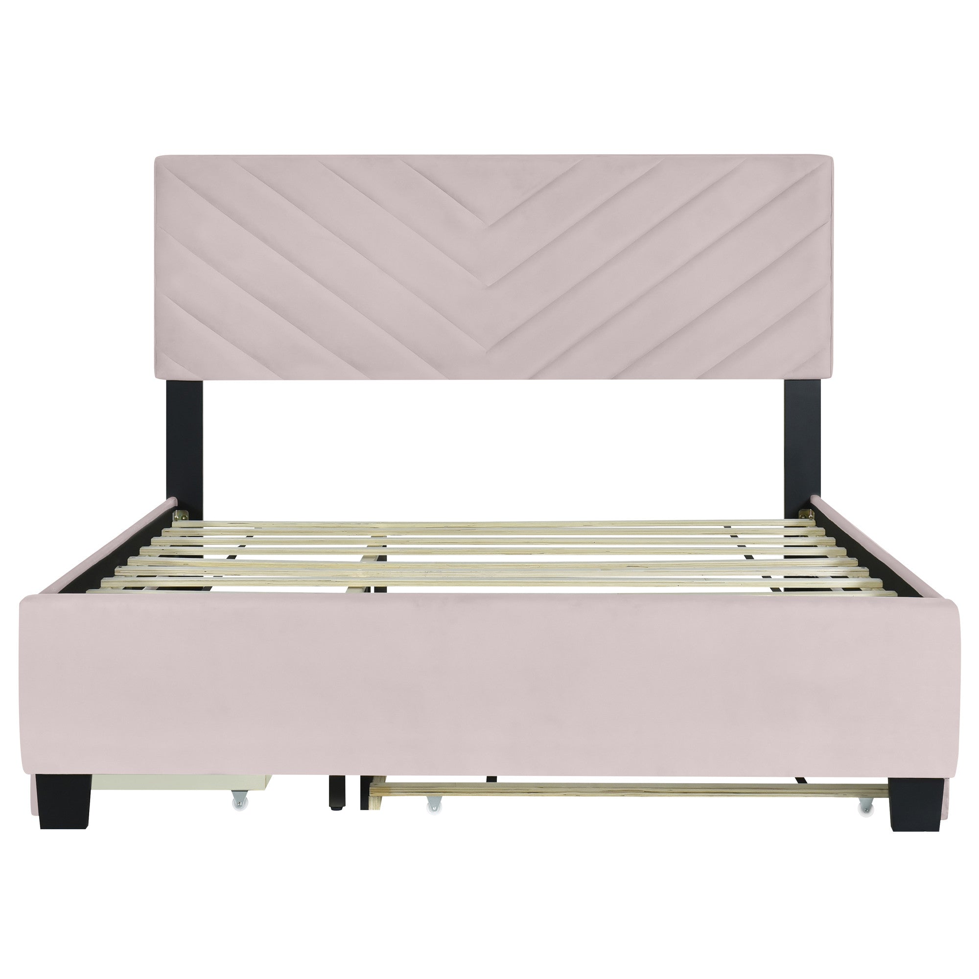 Pink Tufted Upholstered Twin Bed Frame With Trundle And Drawers-1