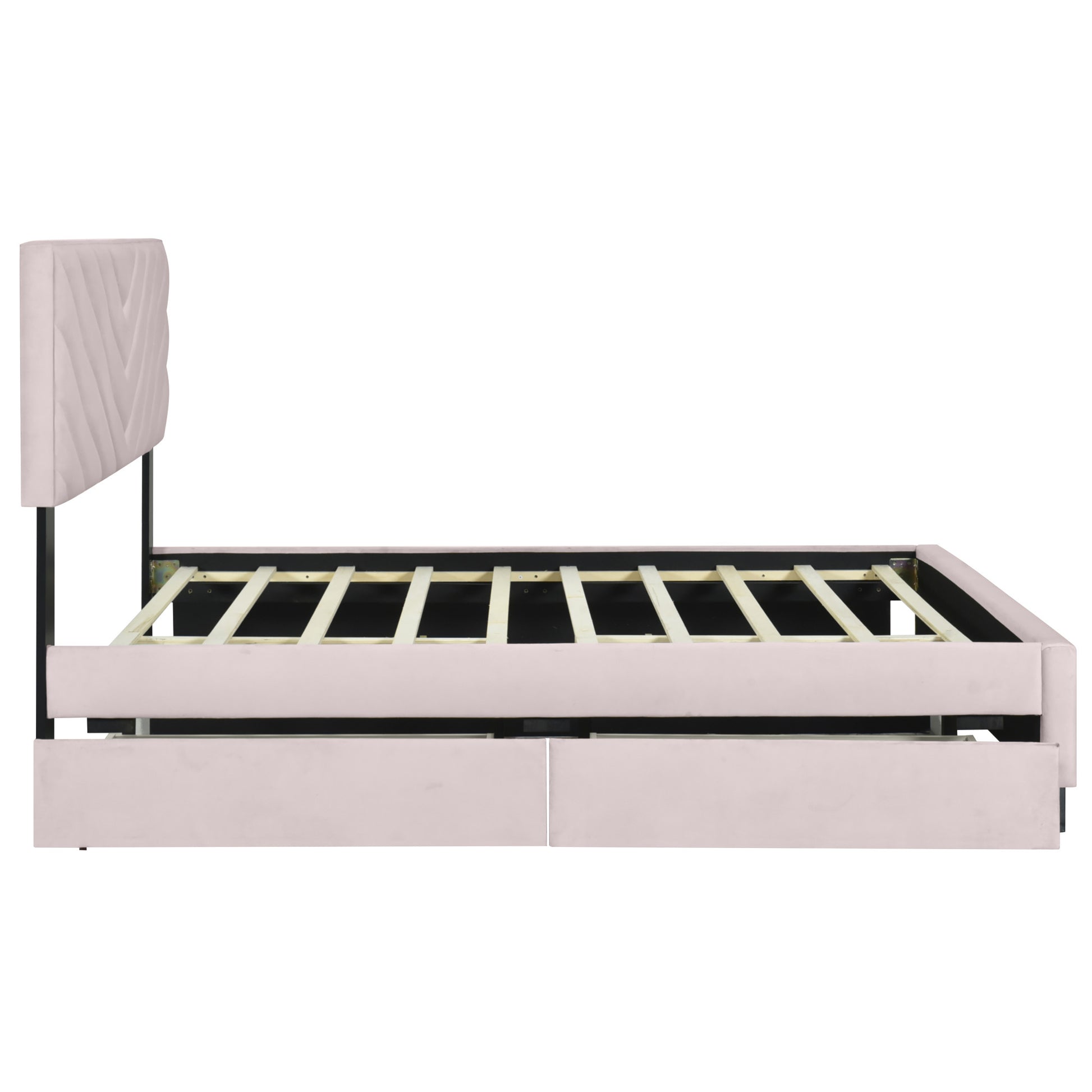 Pink Tufted Upholstered Twin Bed Frame With Trundle And Drawers-2