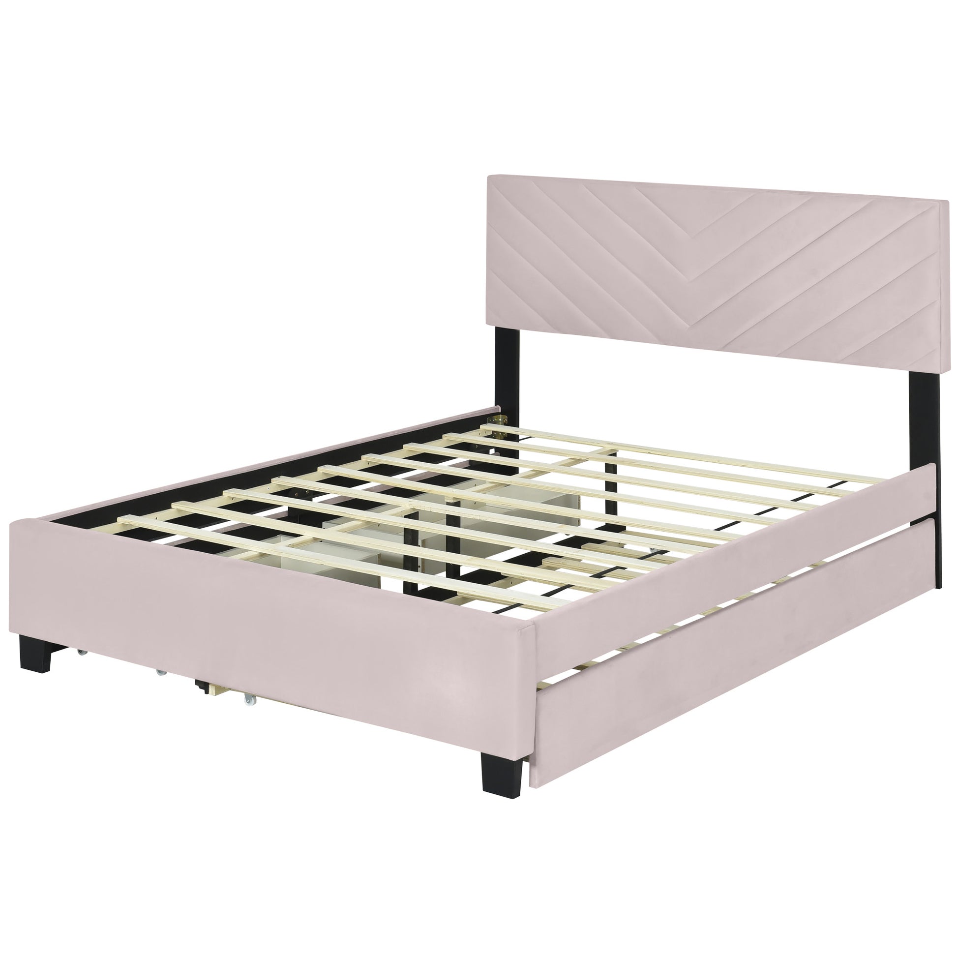 Pink Tufted Upholstered Twin Bed Frame With Trundle And Drawers-4