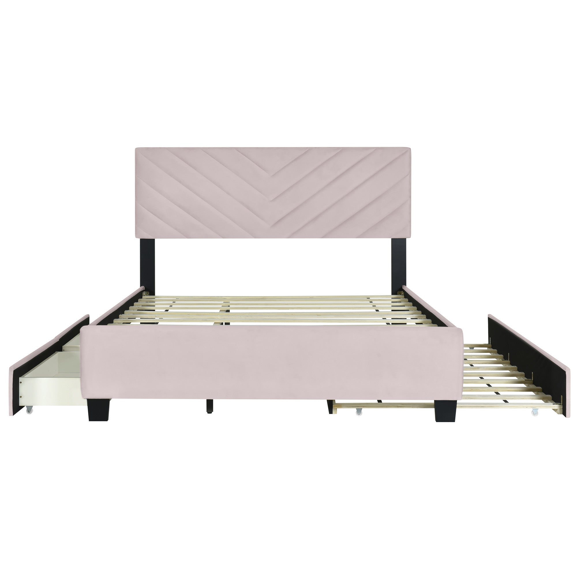 Pink Tufted Upholstered Twin Bed Frame With Trundle And Drawers-6