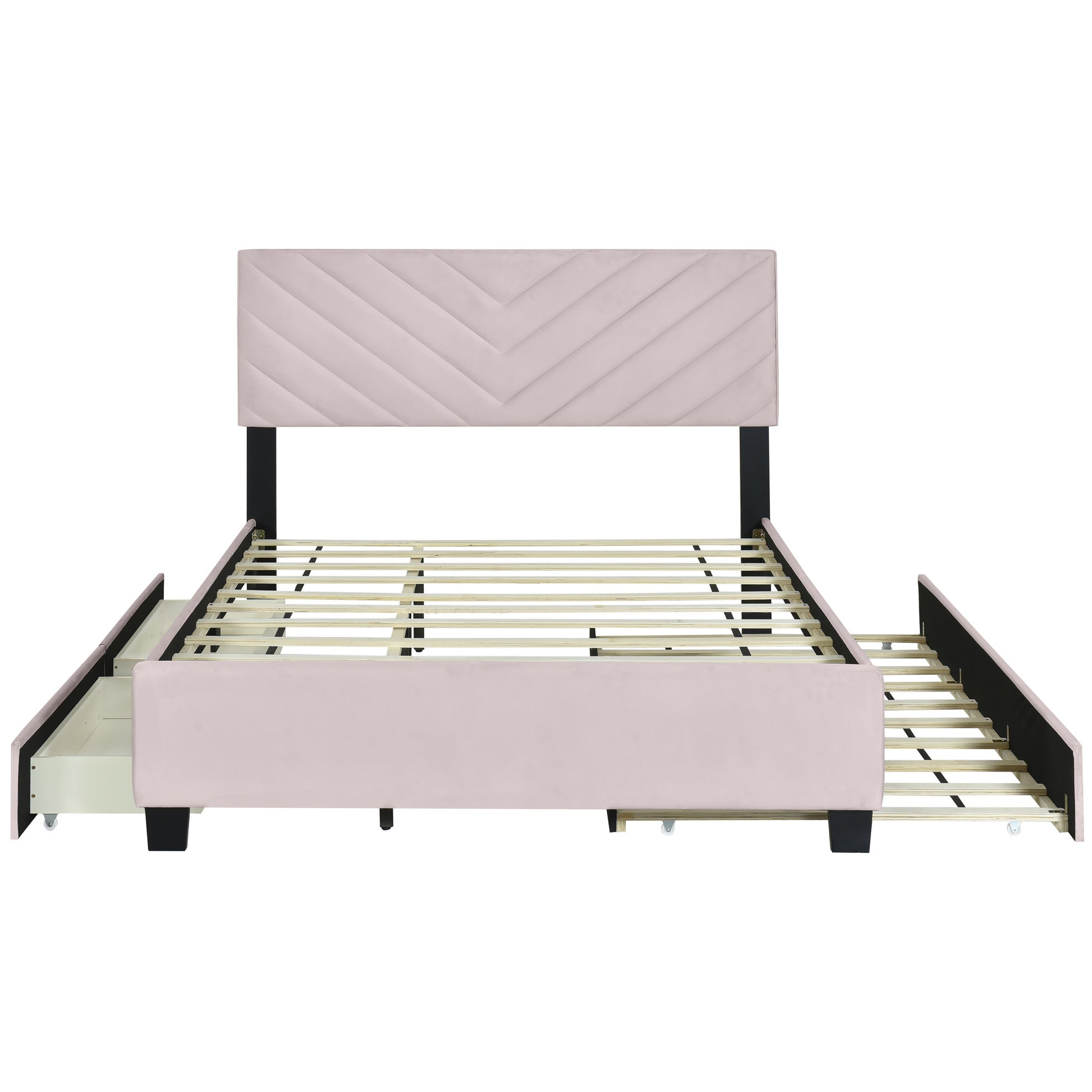 Pink Tufted Upholstered Twin Bed Frame With Trundle And Drawers-7