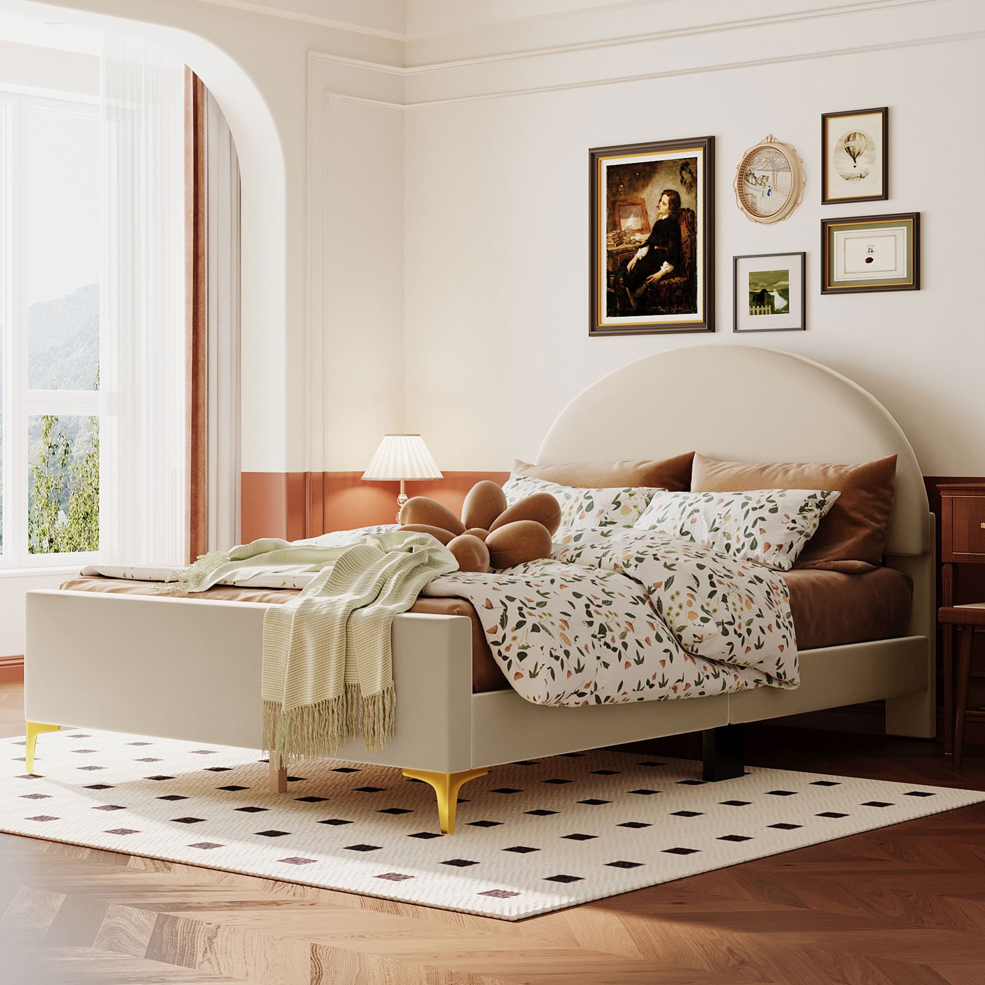 Beige Tufted Velvet Upholstered Queen Bed Frame-8