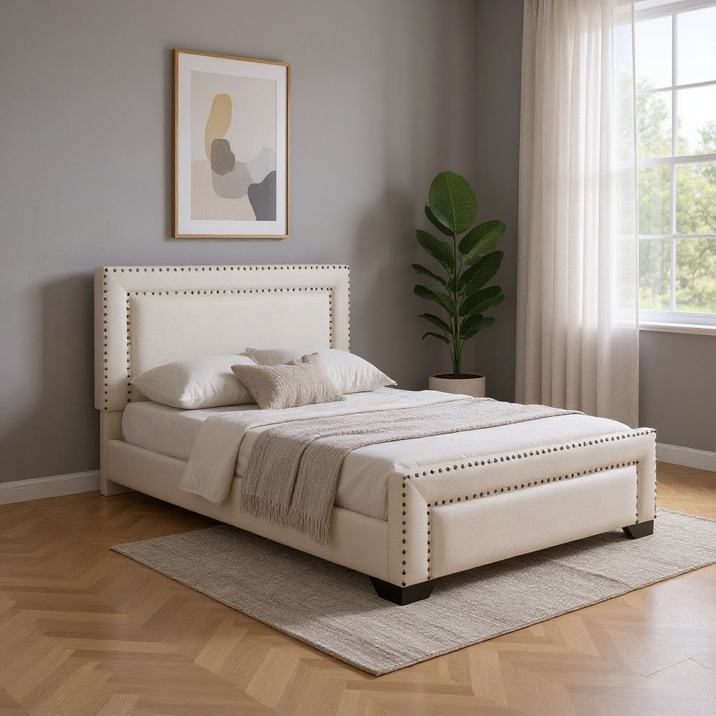 Beige Tufted Velvet Upholstered Queen Bed Frame-0