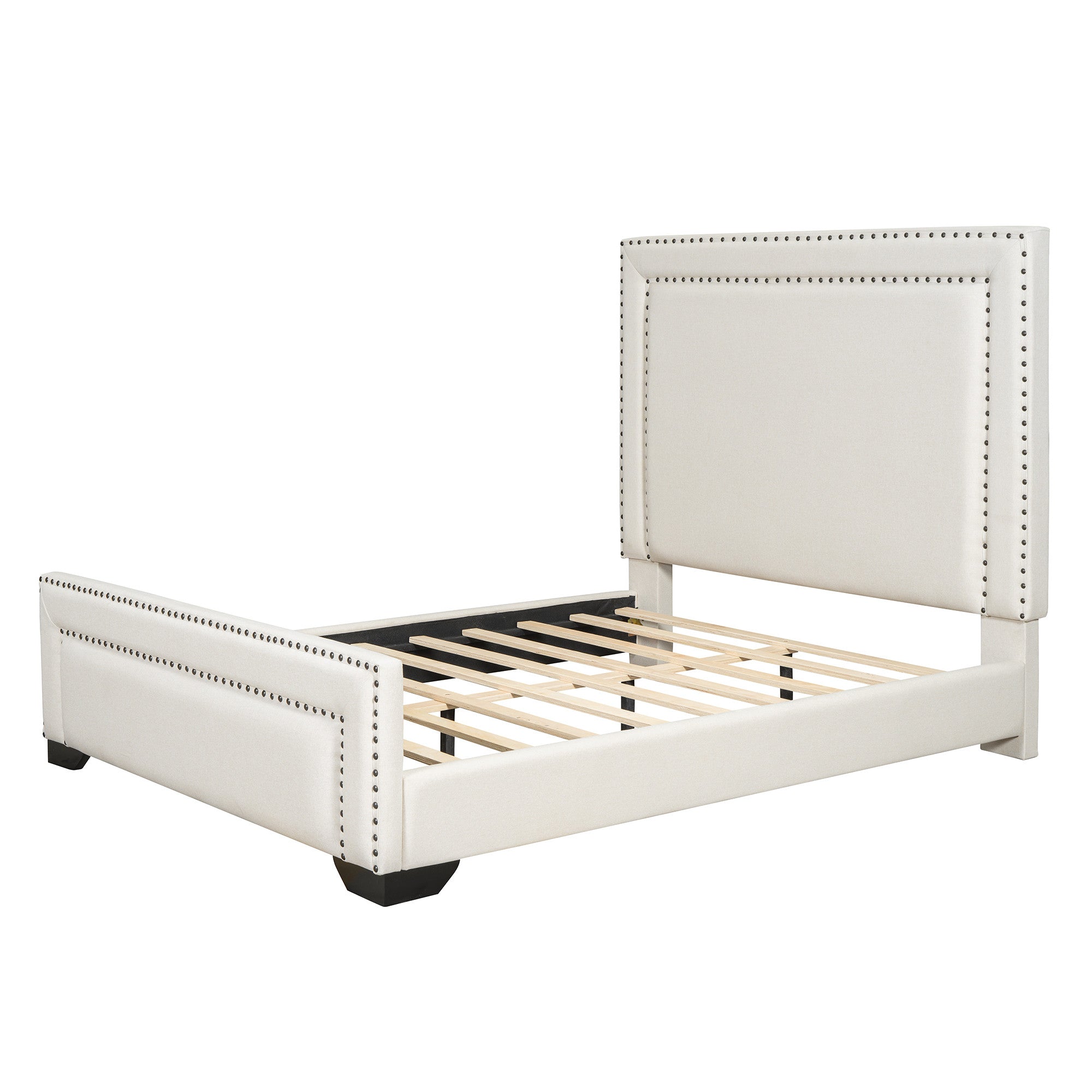 Beige Tufted Velvet Upholstered Queen Bed Frame-1