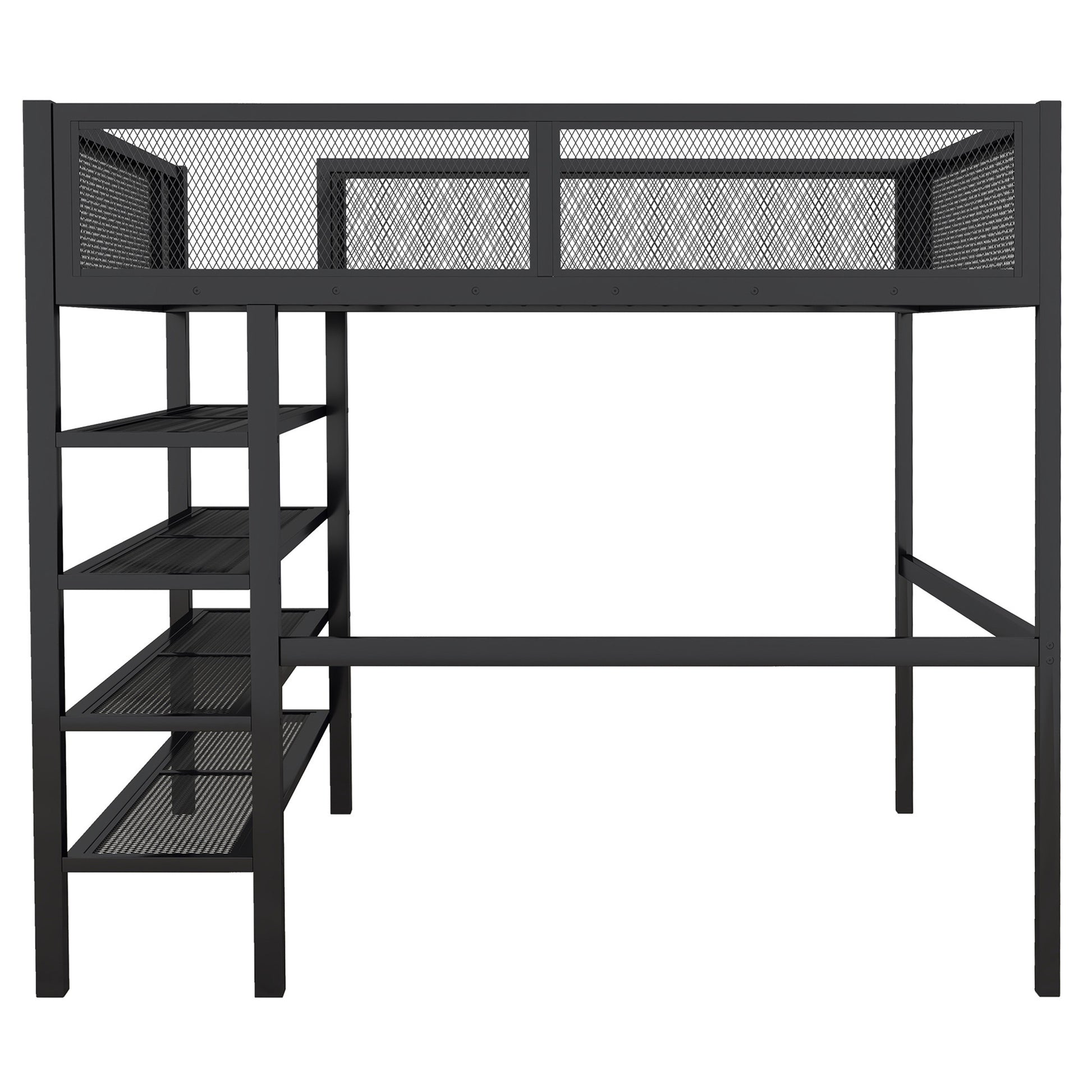 Black Platform Metal Full Double Loft Bed With Shelves-8