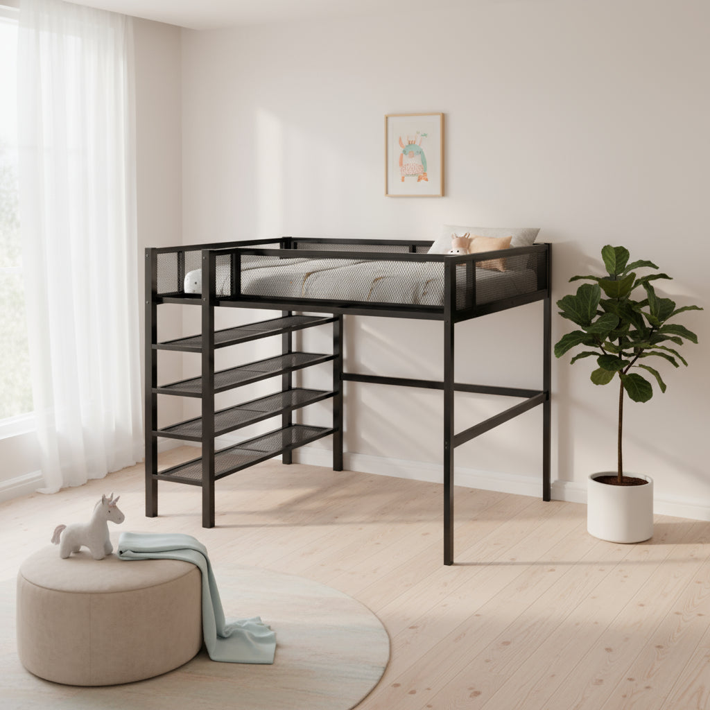 Black Platform Metal Full Double Loft Bed With Shelves-0