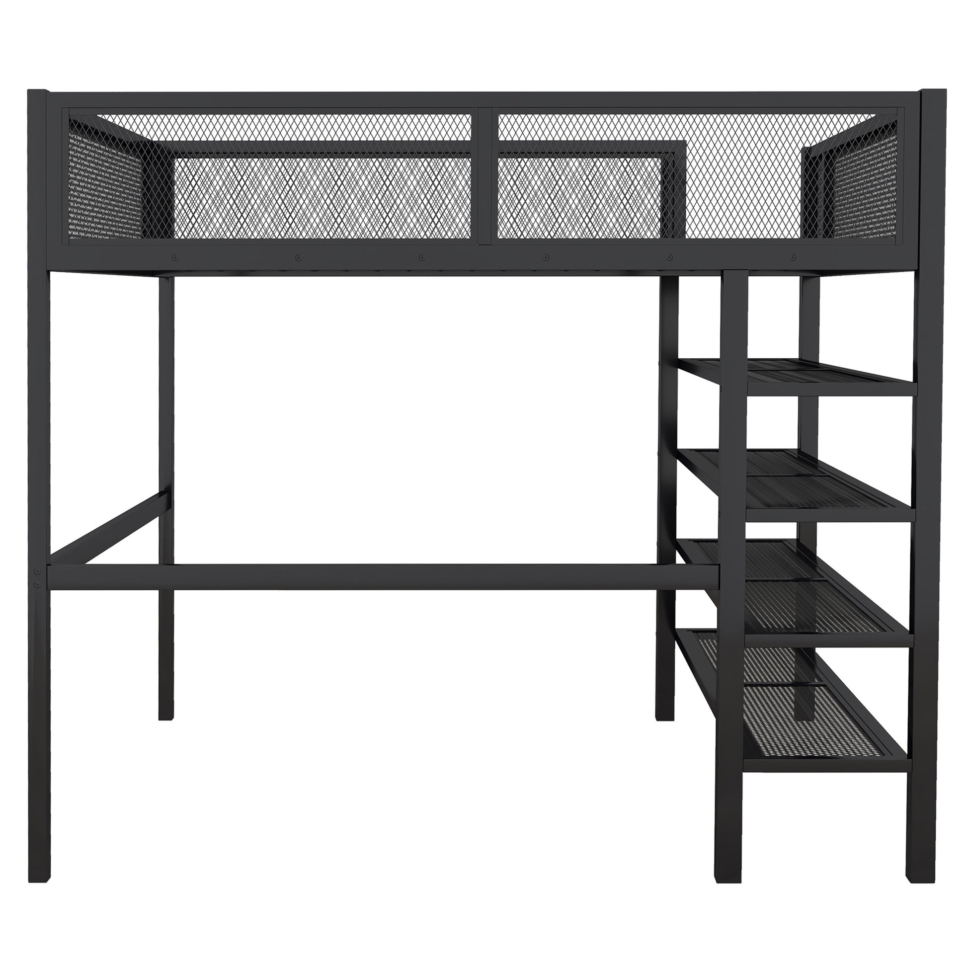 Black Platform Metal Full Double Loft Bed With Shelves-2