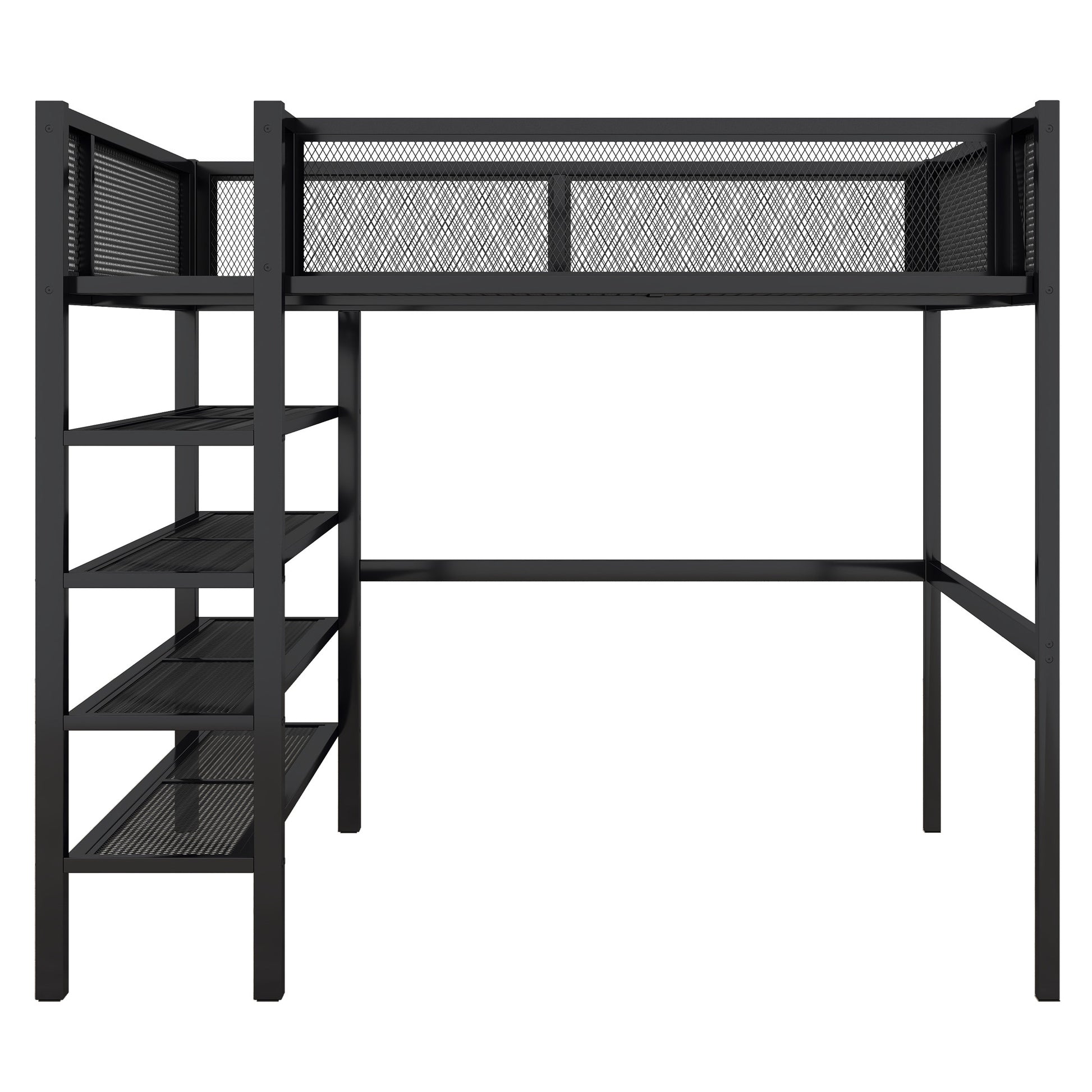 Black Platform Metal Full Double Loft Bed With Shelves-1
