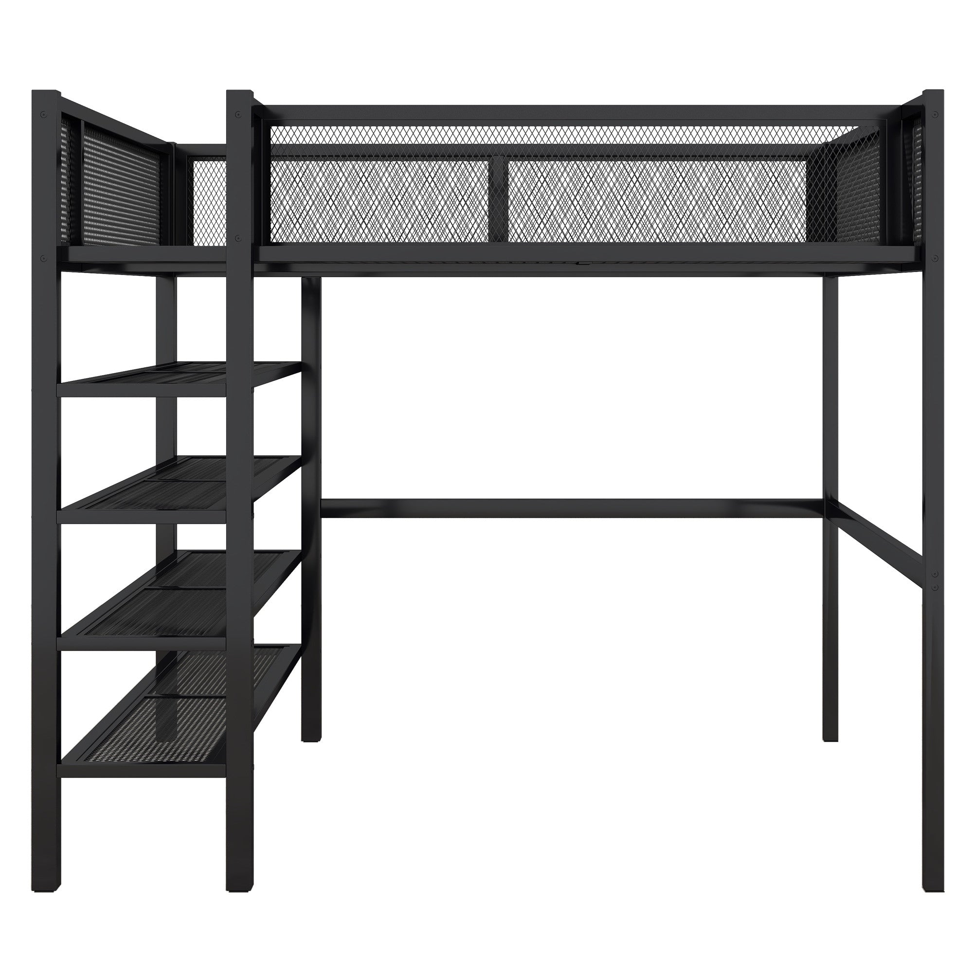 Black Platform Metal Full Double Loft Bed With Shelves-1